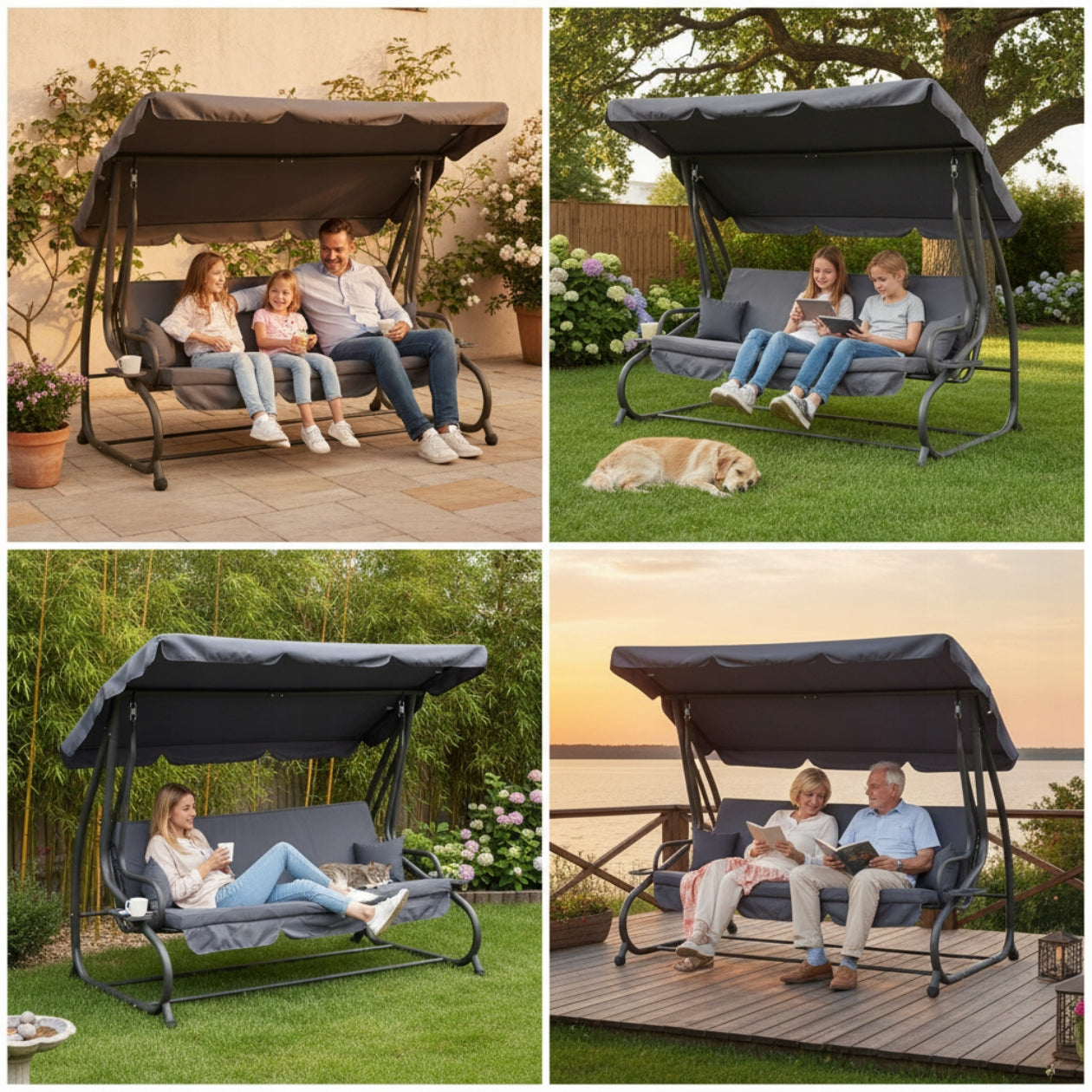GARDEN SWING ROCKING FREESTANDING CANOPY FOLD-OUT GREY + PILLOWS Manufacturer code HUŚTAWKA OGRODOWA WOLNOSTOJĄCA BUJANA