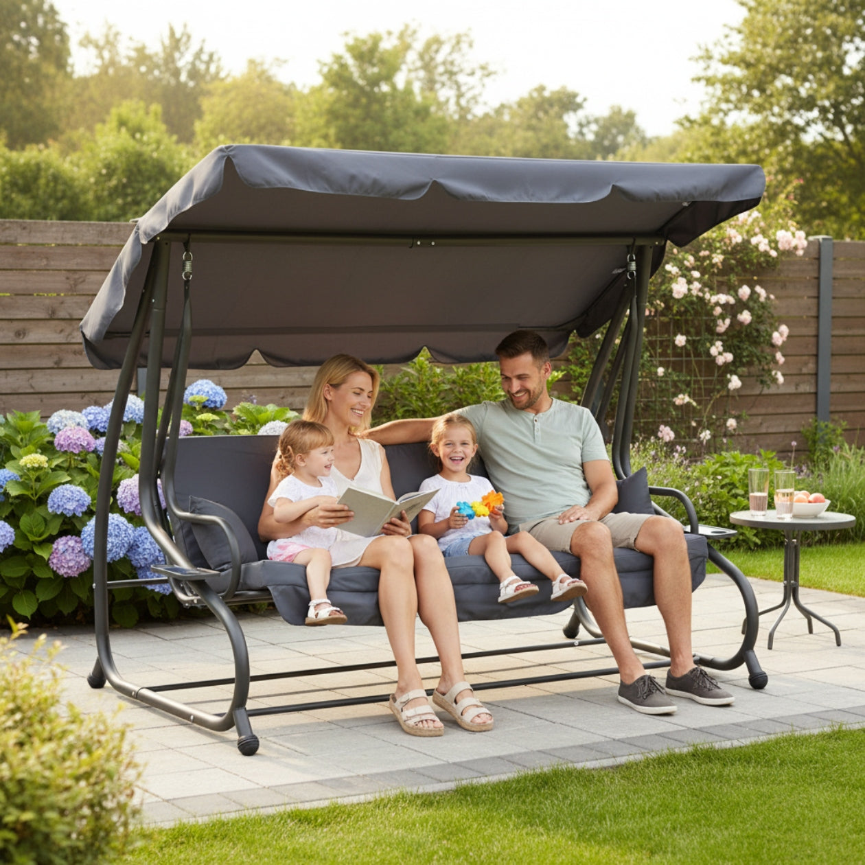 GARDEN SWING ROCKING FREESTANDING CANOPY FOLD-OUT GREY + PILLOWS Packaging status original