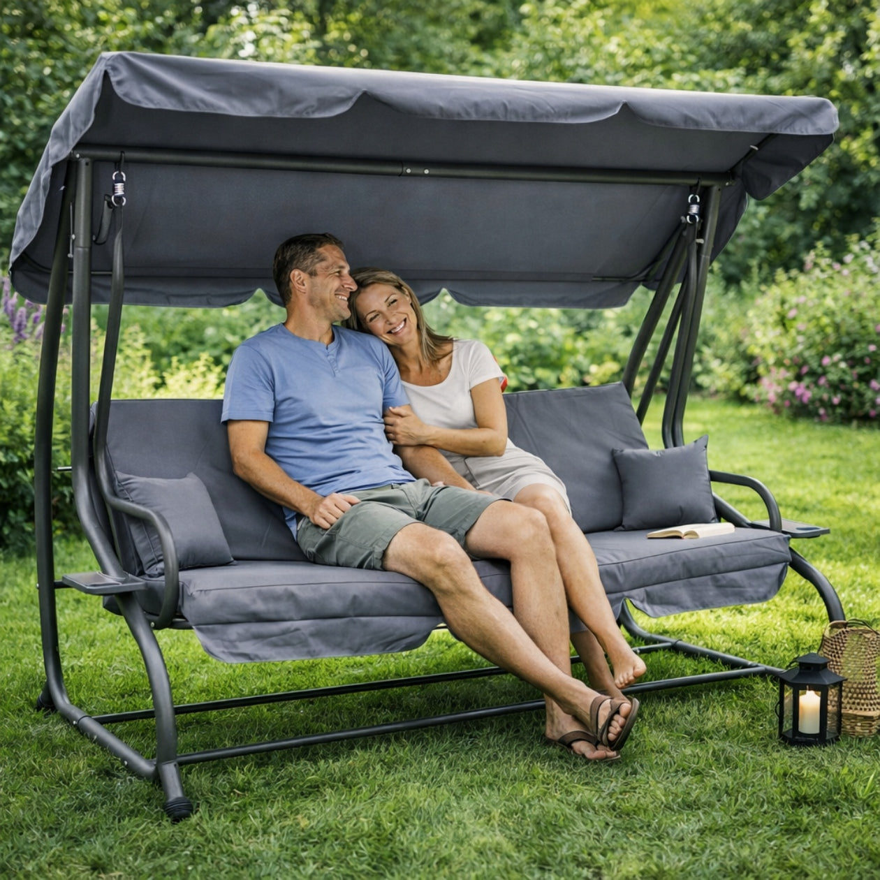 GARDEN SWING ROCKING FREESTANDING CANOPY FOLD-OUT GREY + PILLOWS Seat width 101 cm
