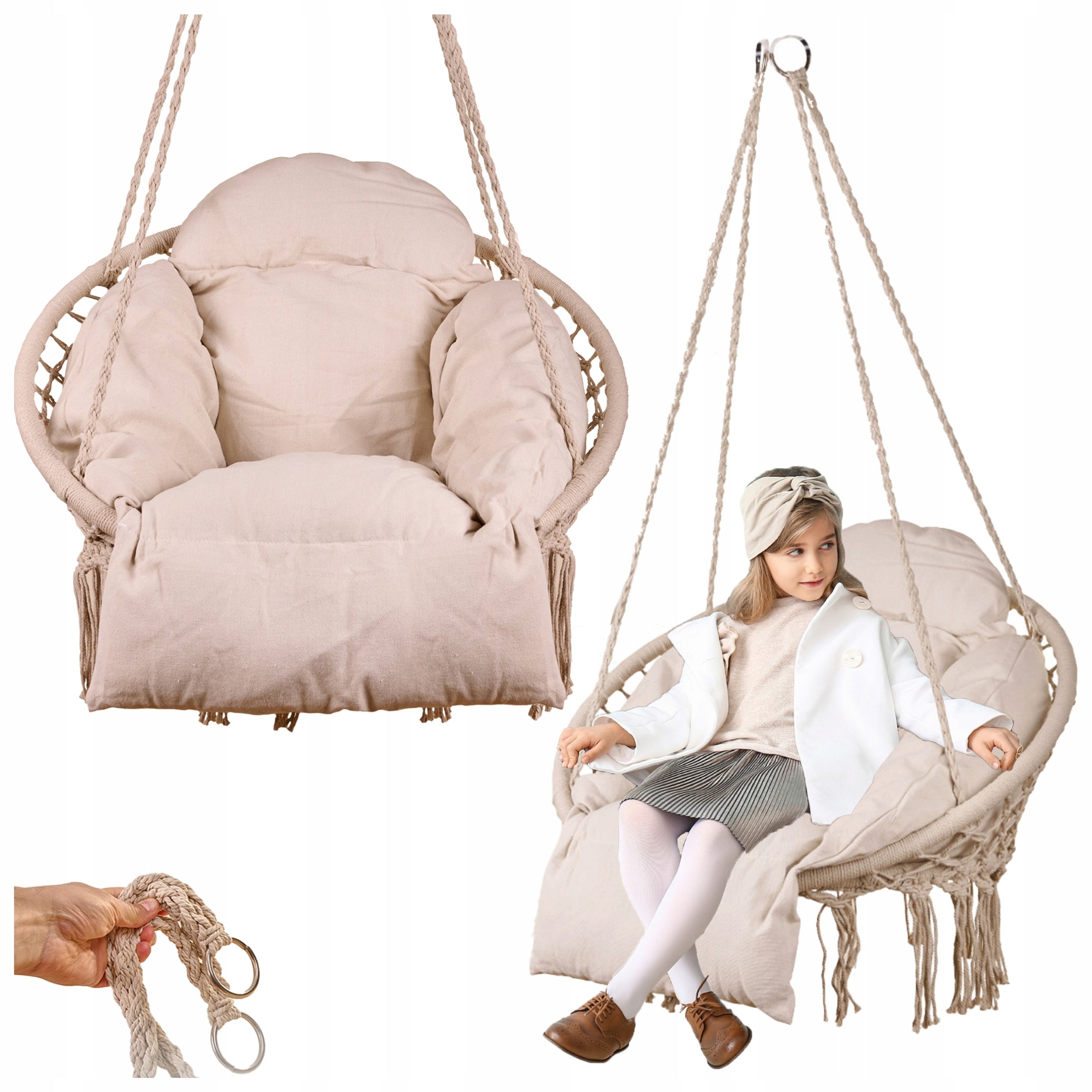 GARDEN SWING STORK NEST HANGING CHAIR WITH PILLOW 150KG XXL ECRU