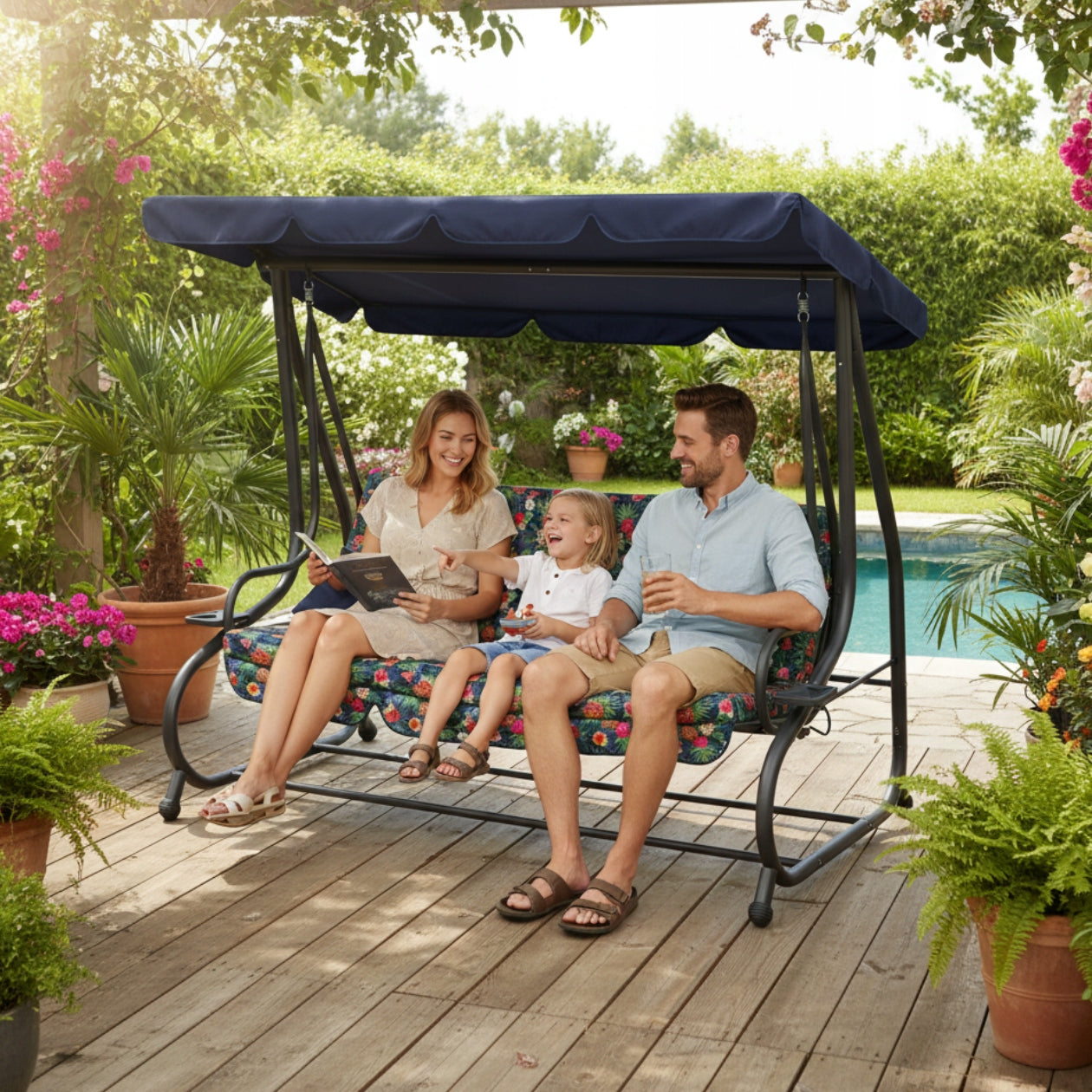 GARDEN SWING WITH CANOPY ROCKING FREESTANDING 2in1 FOLDING PILLOWS Seat width 100 cm