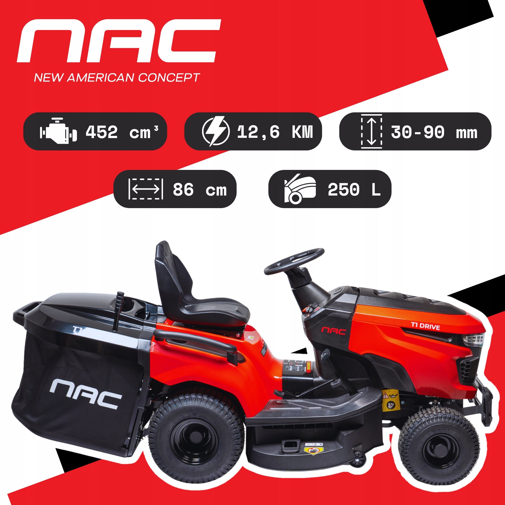 GARDEN TRACTOR LAWN MOWER NAC LONCIN 452CC BASKET 250L 86CM STRONG Packaging status original