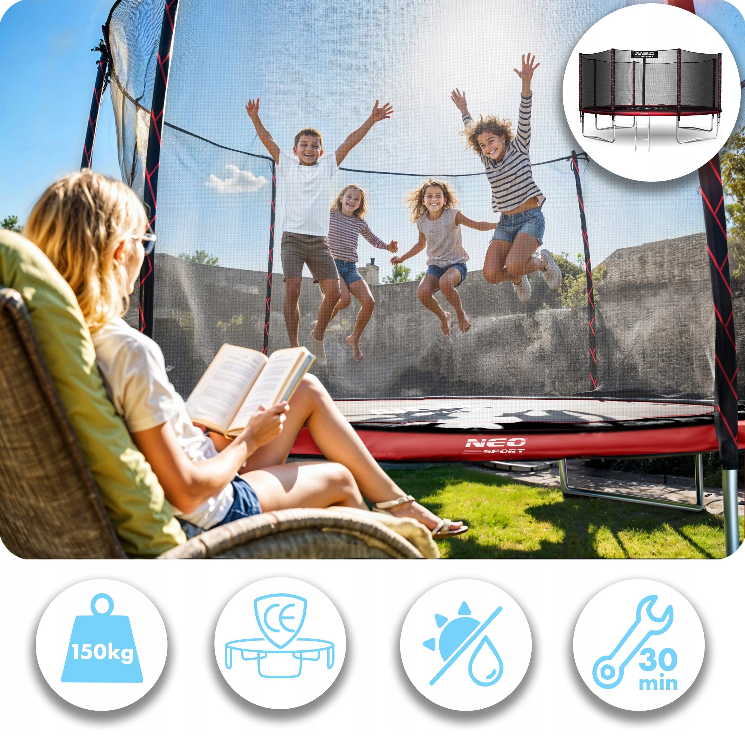 GARDEN TRAMPOLINE 374cm 12ft NEOSPORT model 2025 Net height 180 cm