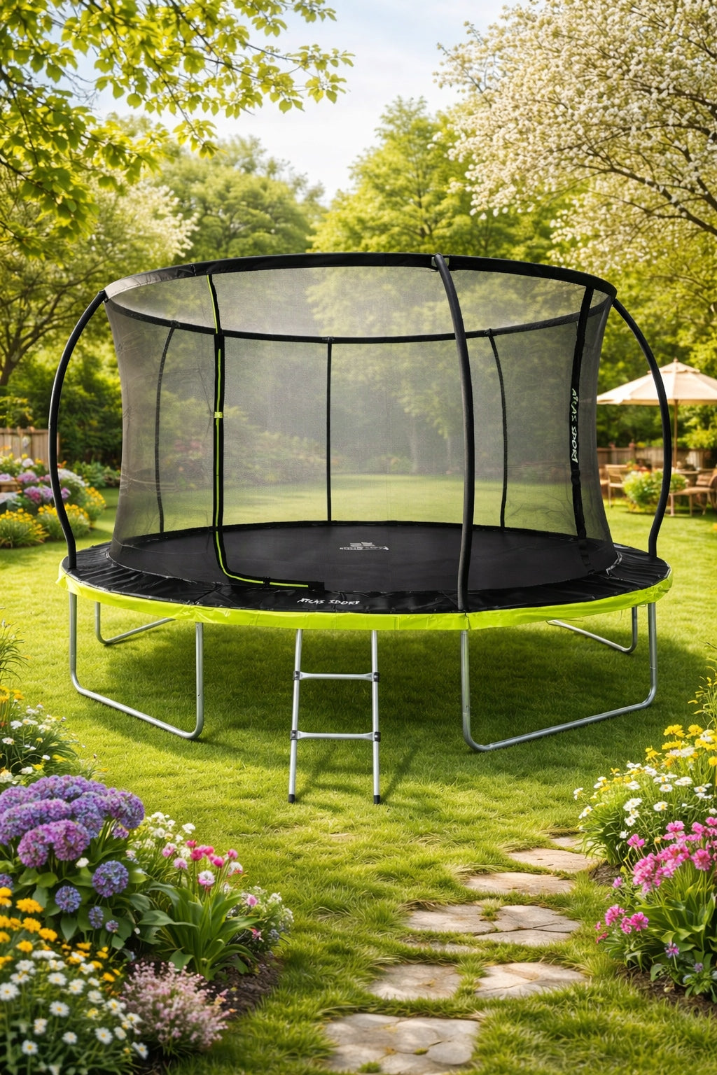 GARDEN TRAMPOLINE ATLAS SPORT 427cm 14ft MESH 180 CM PRO GREEN Packaging status original
