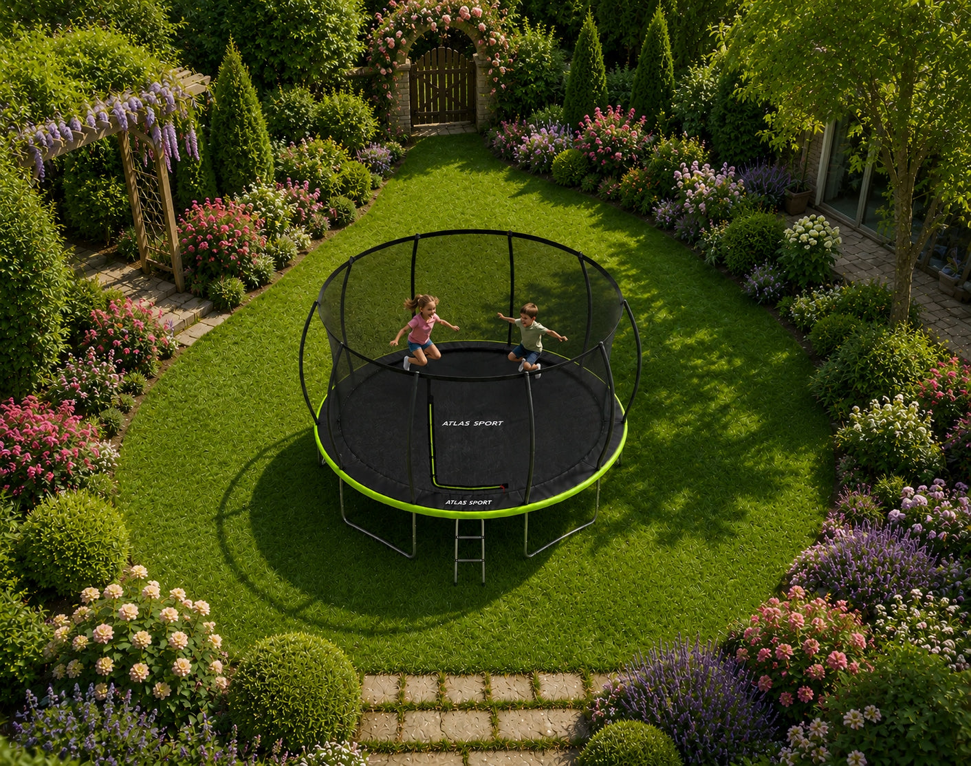 GARDEN TRAMPOLINE ATLAS SPORT 488 cm 16ft MESH 180 CM PRO GREEN Total height 269 cm