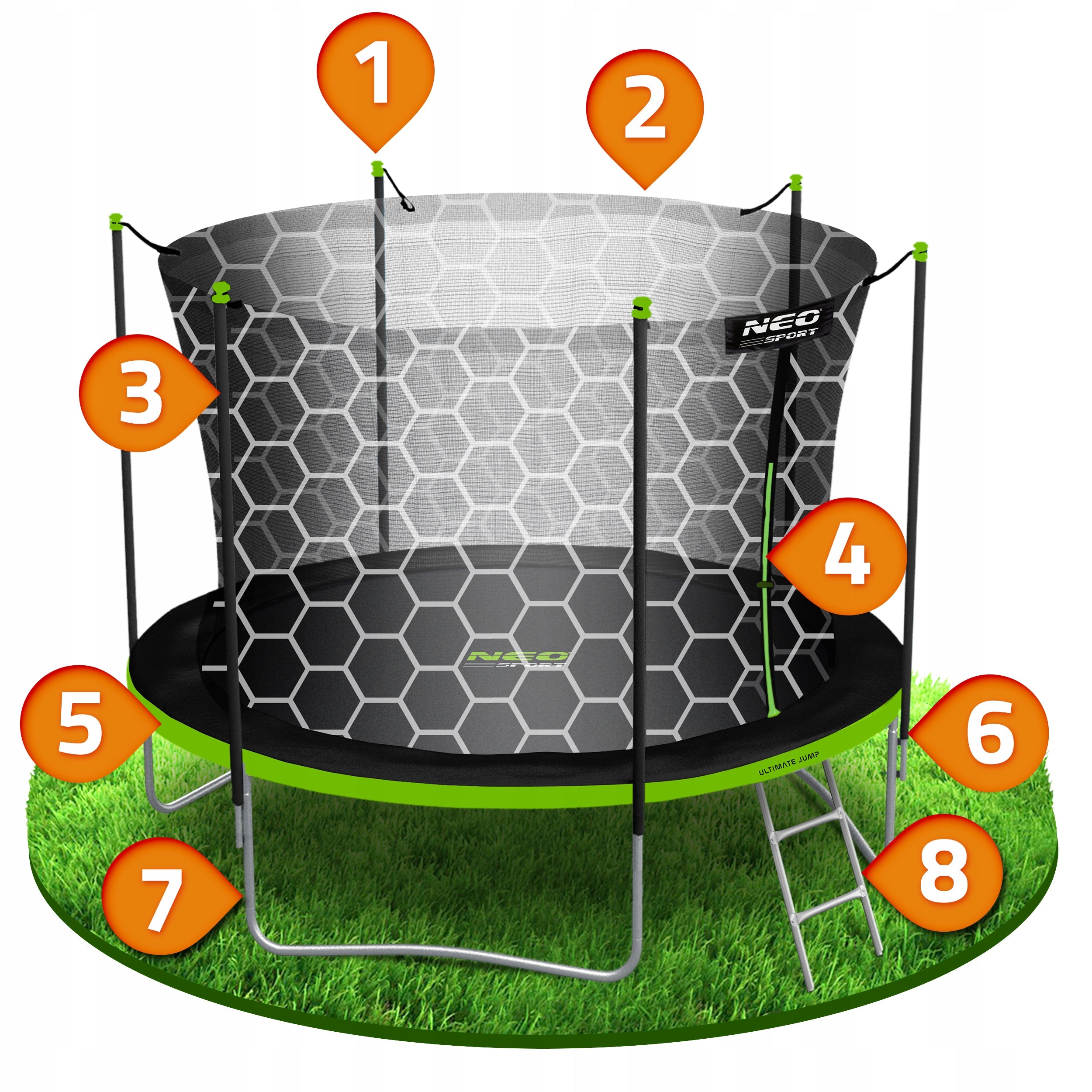 GARDEN TRAMPOLINE FOR CHILDREN 252cm 8ft + LADDER INNER MESH Height from ground level 55 cm