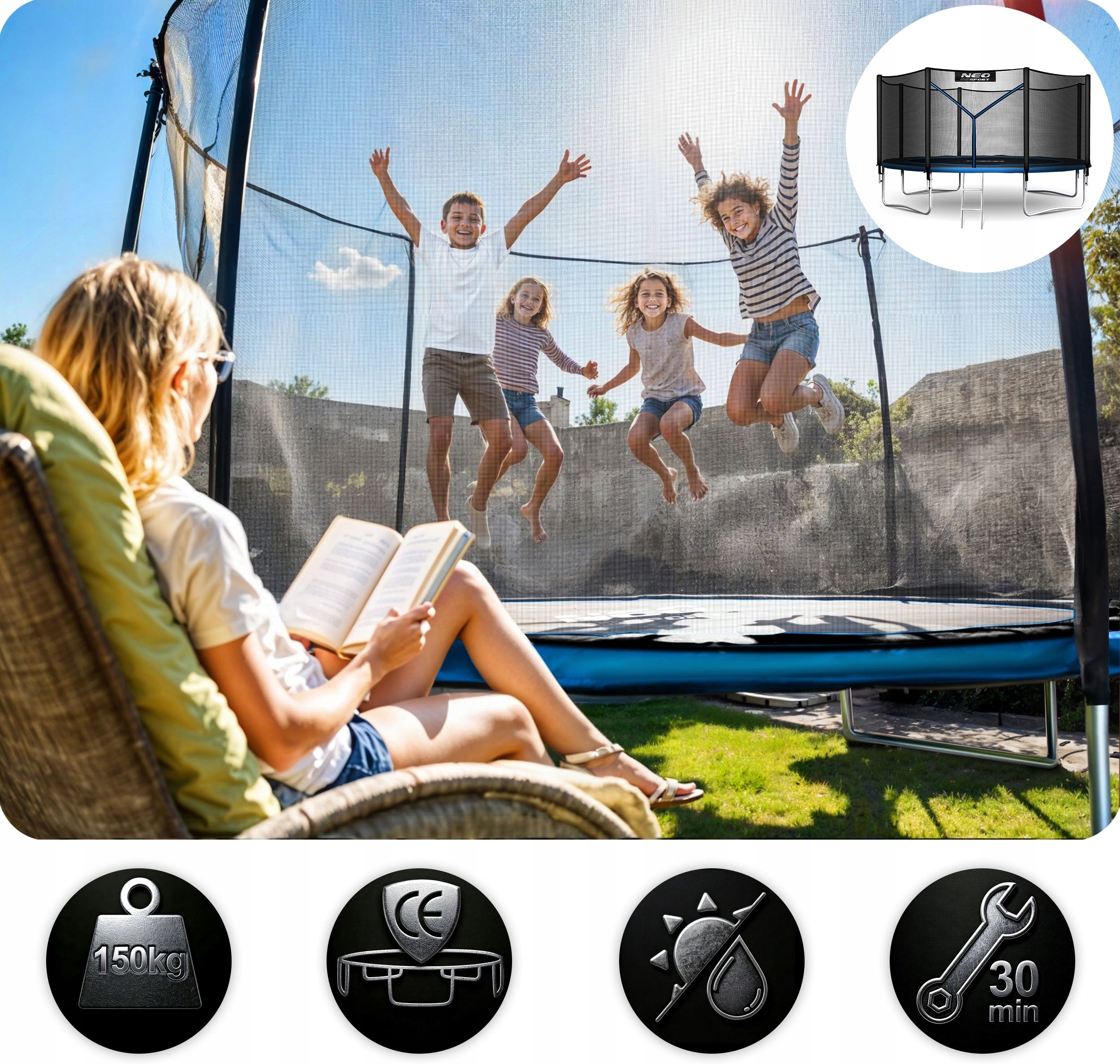 GARDEN TRAMPOLINE FOR CHILDREN WITH OUTDOOR MESH 374cm 12ft Neo-Sport Net height 180 cm