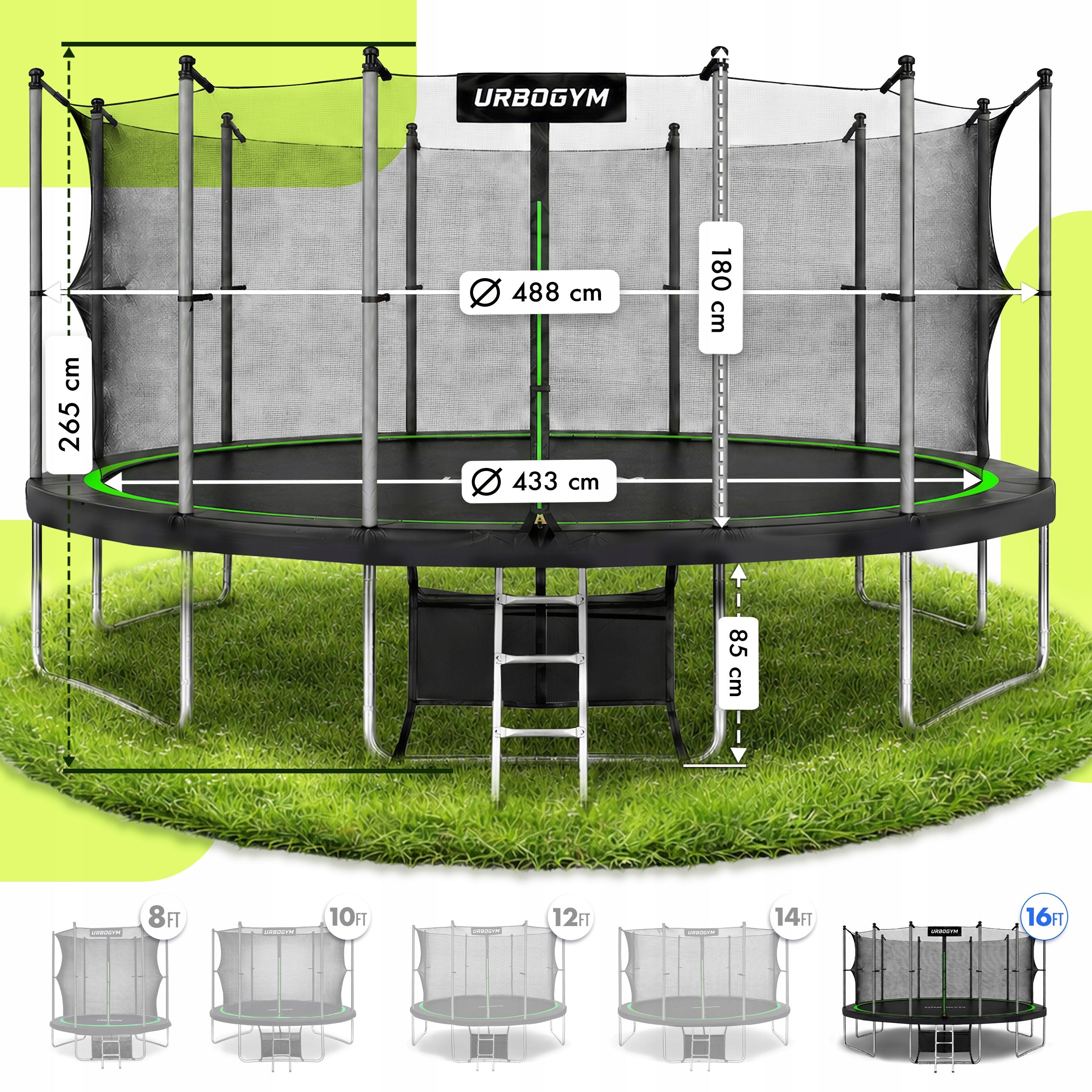 GARDEN TRAMPOLINE WITH INDOOR MESH FOR KIDS GARDEN 16 FT 488CM Total height 265 cm