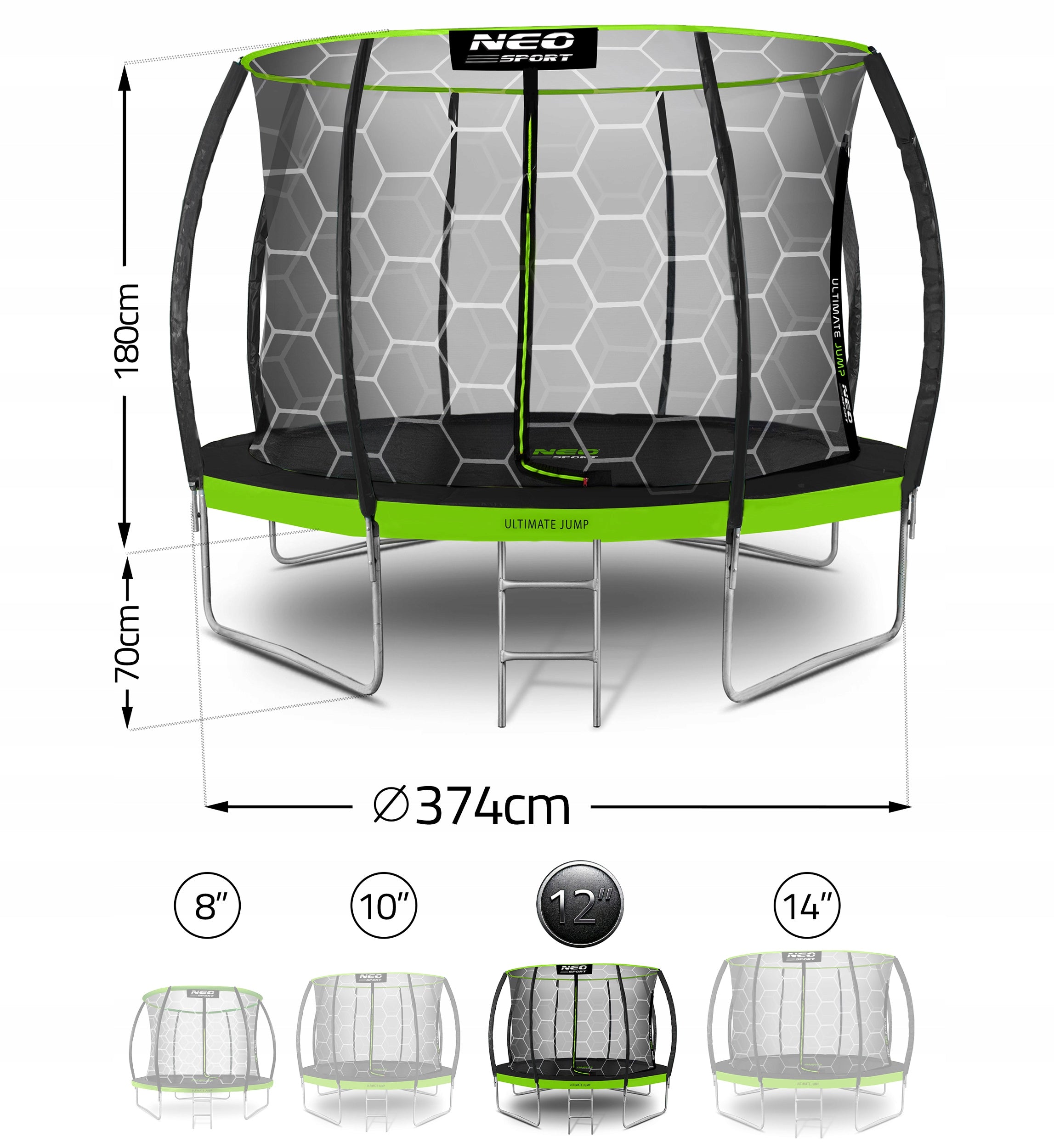 GARDEN TRAMPOLINE WITH INNER MESH FOR ADULT CHILDREN + 12ft LADDER Number of springs/ropes 64