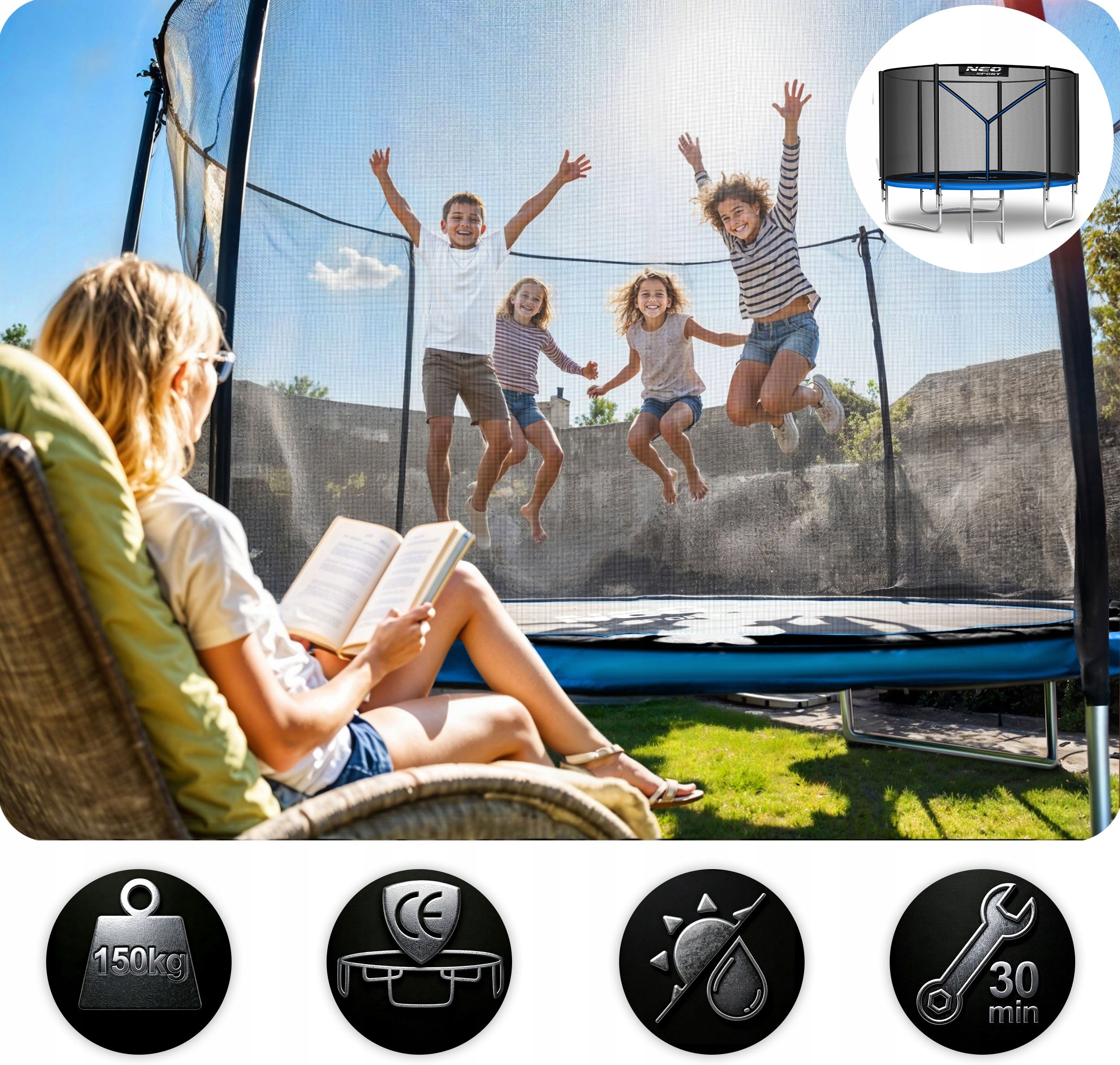 GARDEN TRAMPOLINE for children with outdoor netting 312cm 10ft NEOSPORT Number of springs/ropes 54