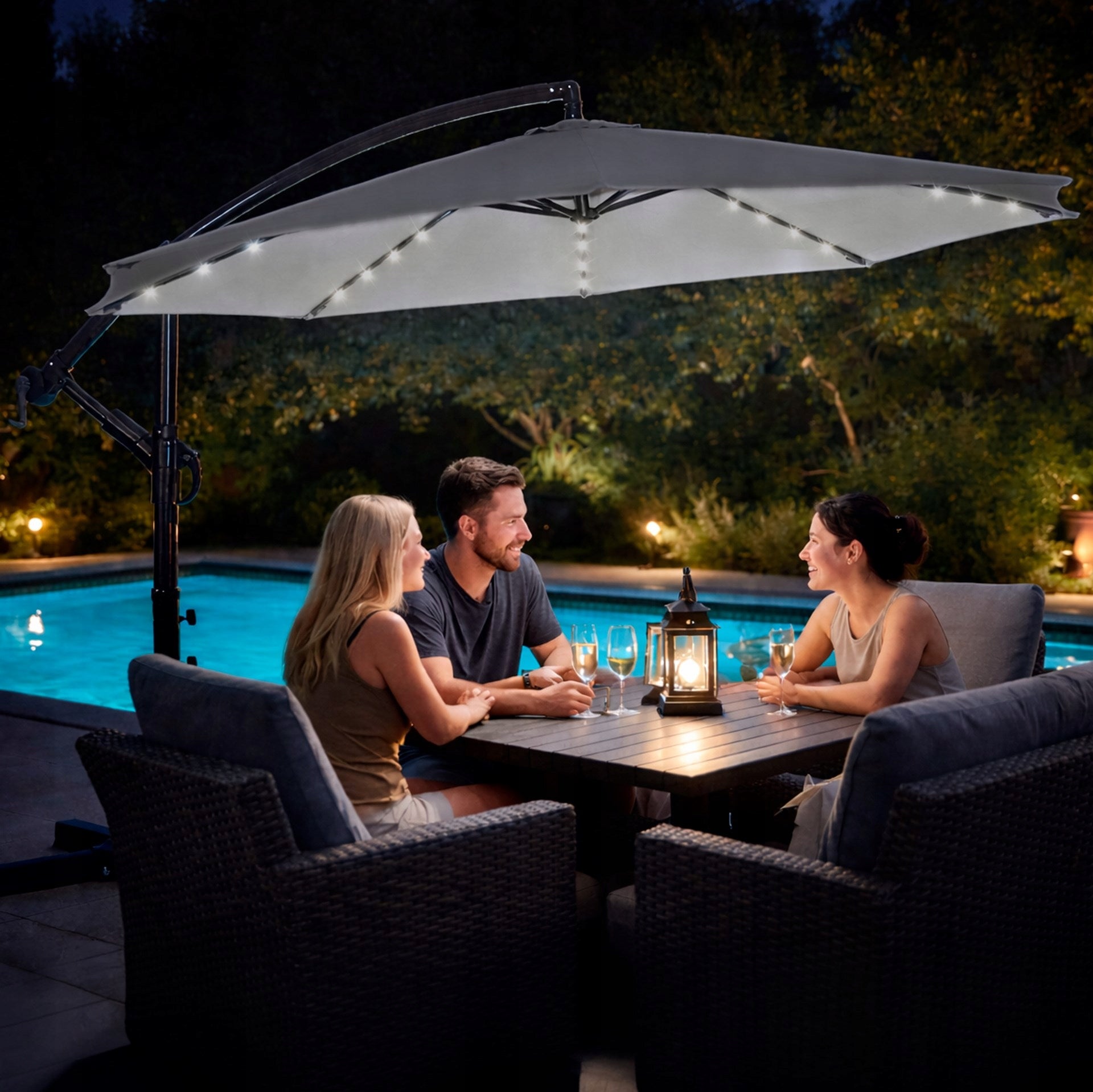GARDEN UMBRELLA 300cm FOLDING LARGE LIGHTING 32 LED SOLAR + COVER Manufacturer Springos