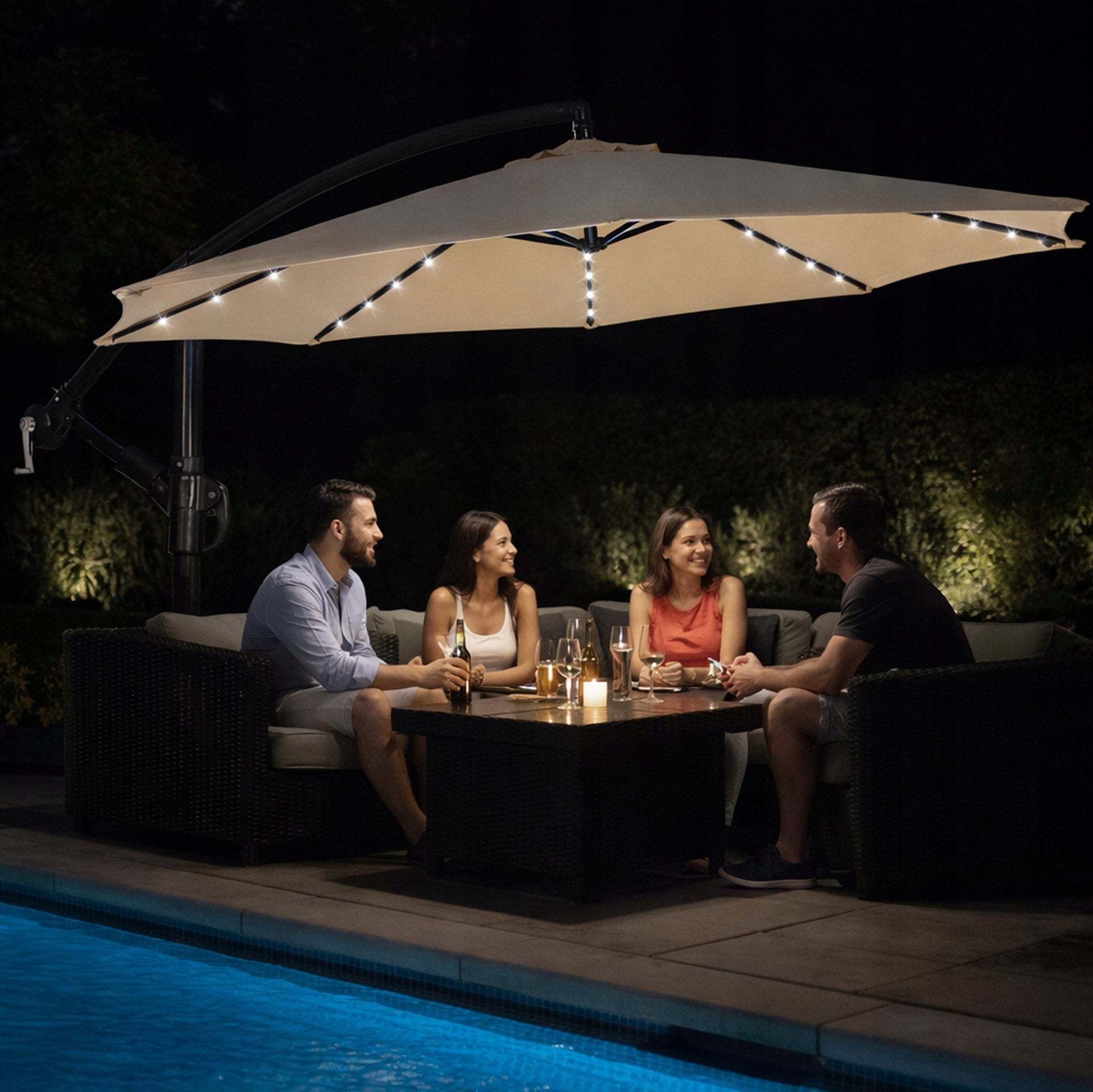GARDEN UMBRELLA 300cm FOLDING LARGE LIGHTING 32 LED SOLAR + COVER Packaging status original