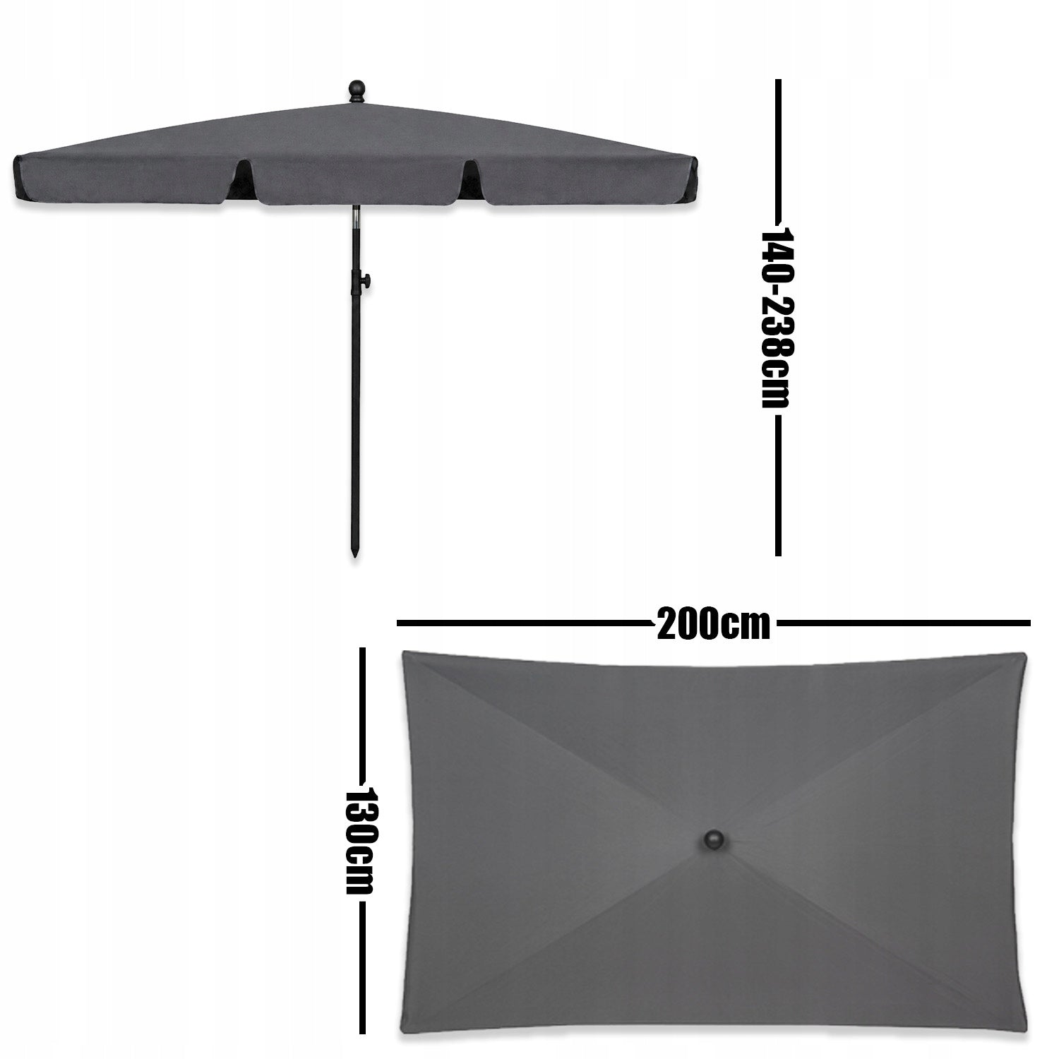 GARDEN UMBRELLA BALCONY RECTANGULAR LARGE FOR BALCONY GARDEN 200X130CM GREY Product height 238 cm
