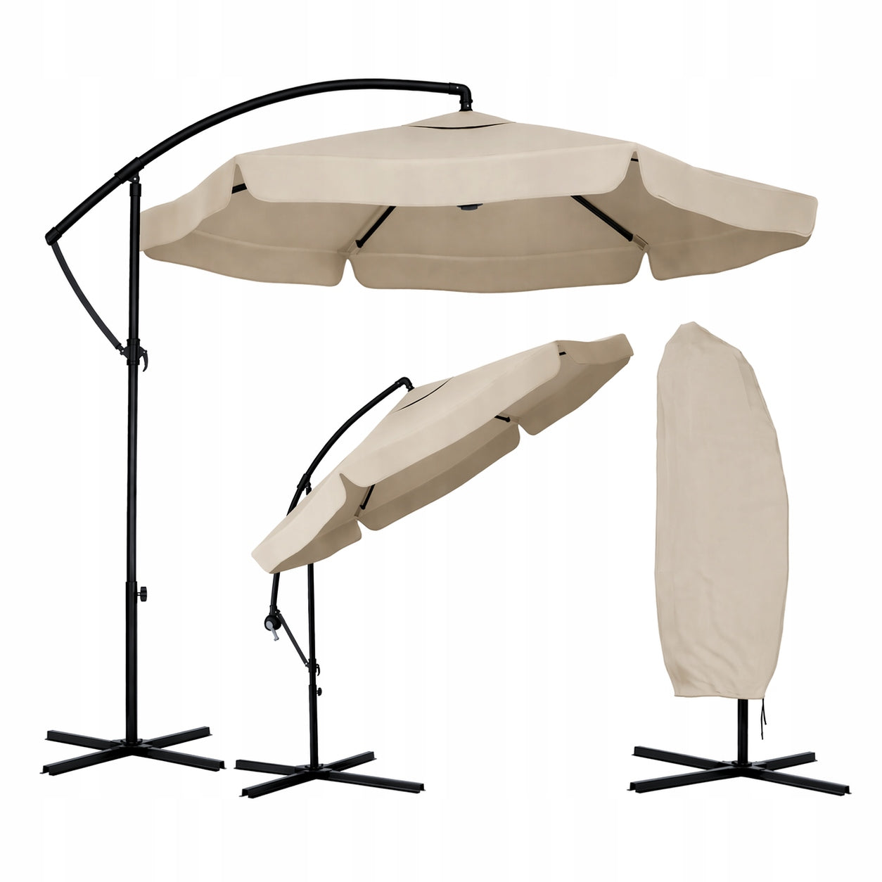 GARDEN UMBRELLA FOLDING 350CM LARGE WITH VALANCE BOOM + COVER
