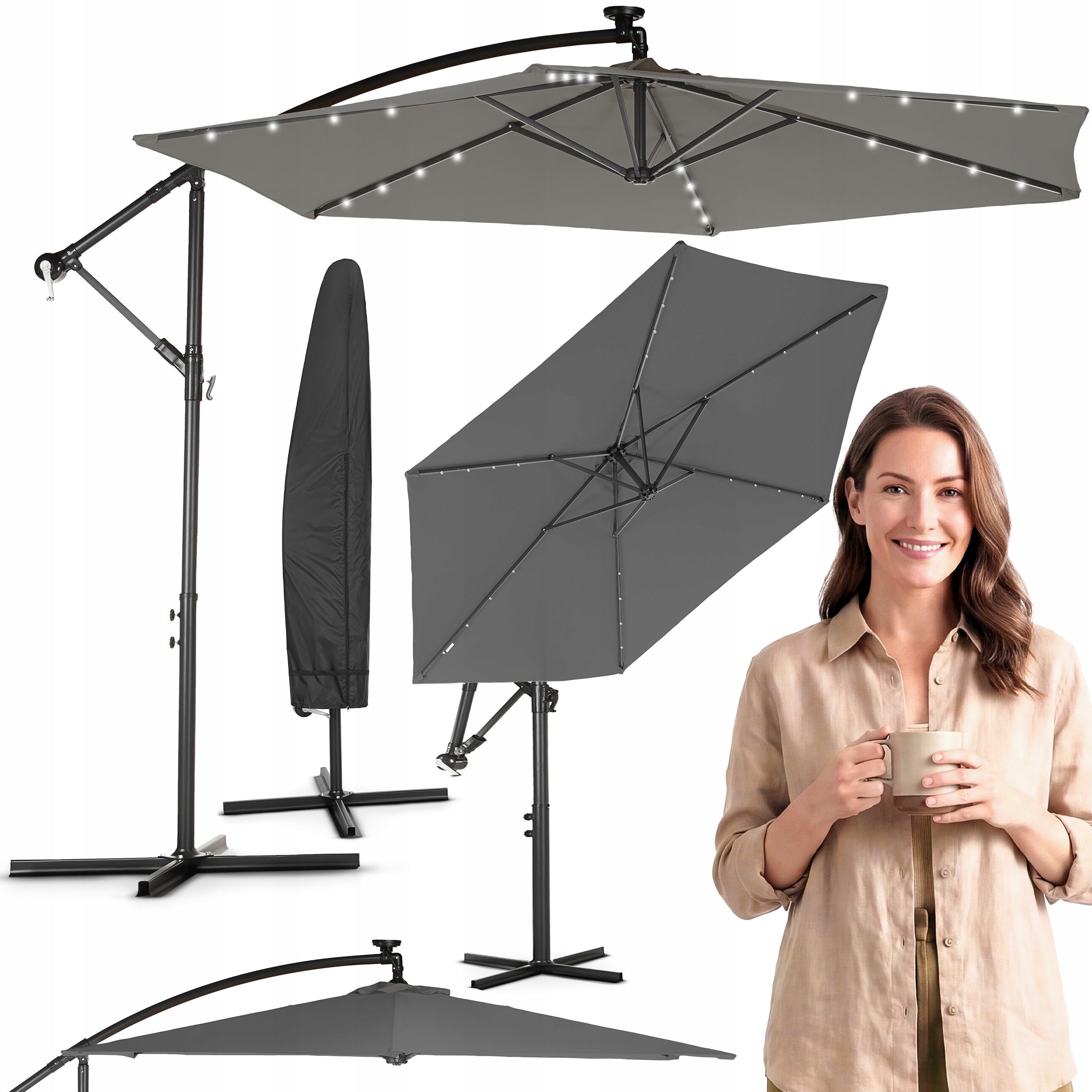 GARDEN UMBRELLA LARGE 300 FOLDABLE WITH BOOM LED BACKLIGHT LUVERNO