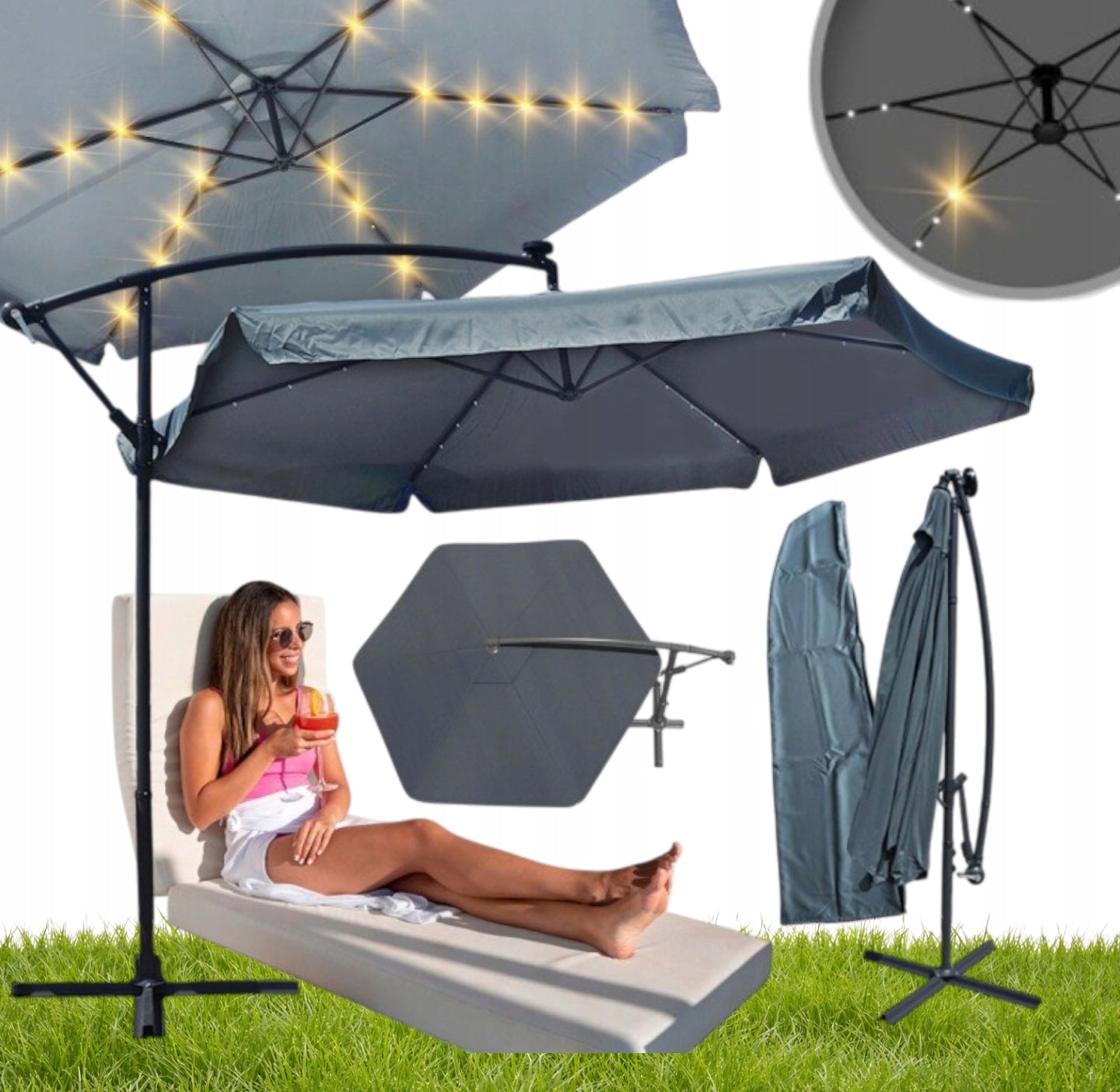 GARDEN UMBRELLA LARGE 350CM FOLDABLE WITH BOOM LED SOLAR LIGHTING