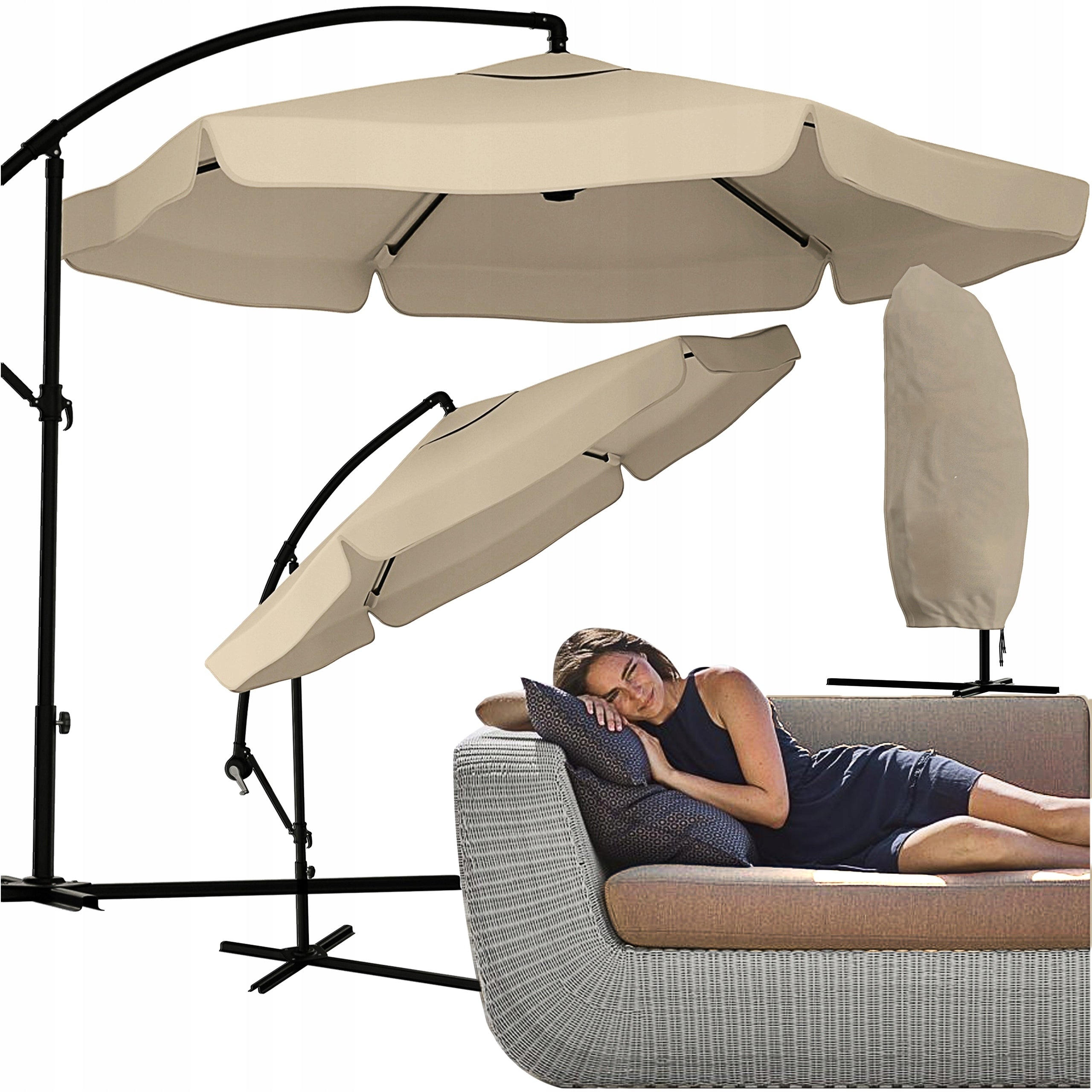 GARDEN UMBRELLA LARGE FOLDING 350cm WITH BOOM BEIGE + COVER