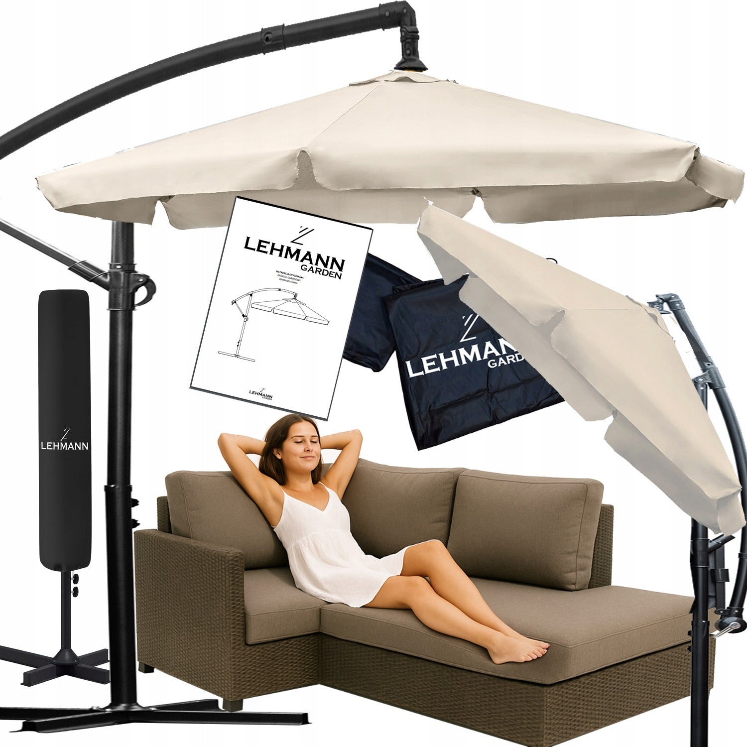 GARDEN UMBRELLA LARGE FOLDING SOLID WITH BOOM AND FRILL + COVER