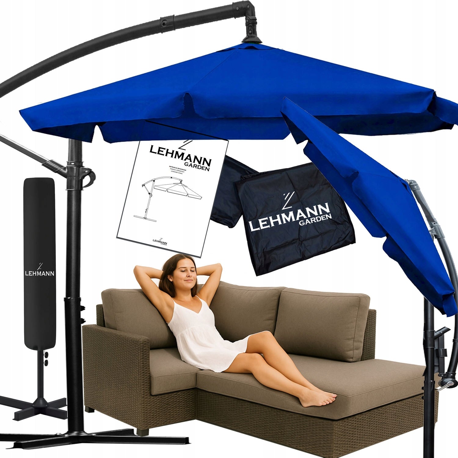 GARDEN UMBRELLA LARGE FOLDING SOLID WITH BOOM AND FRILL + COVER