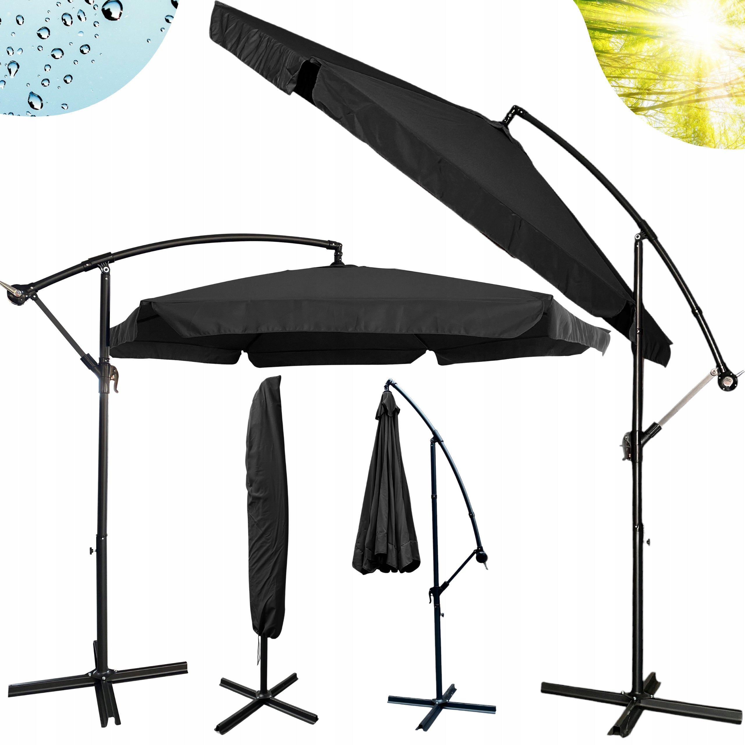 GARDEN UMBRELLA LARGE FOLDING WITH BOOM 350cm + COVER - GREY