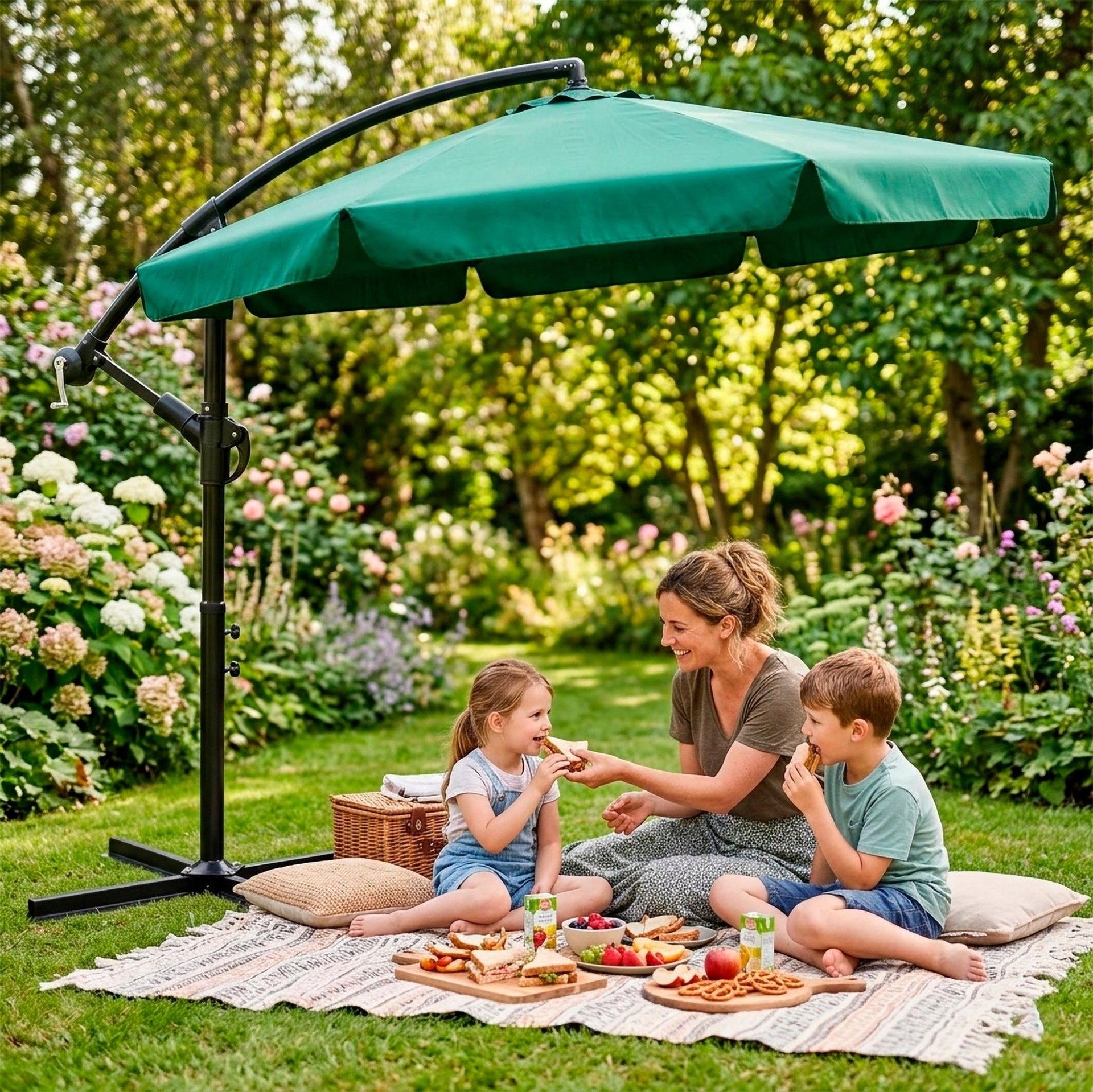 GARDEN UMBRELLA WITH BOOM FOLDING ADJUSTABLE COVER GREEN 350 cm Diameter/width 350 cm