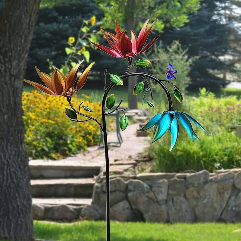 GARDEN WINDMILL METAL FLOWERS BUTTERFLIES DECORATION FOR GARDEN