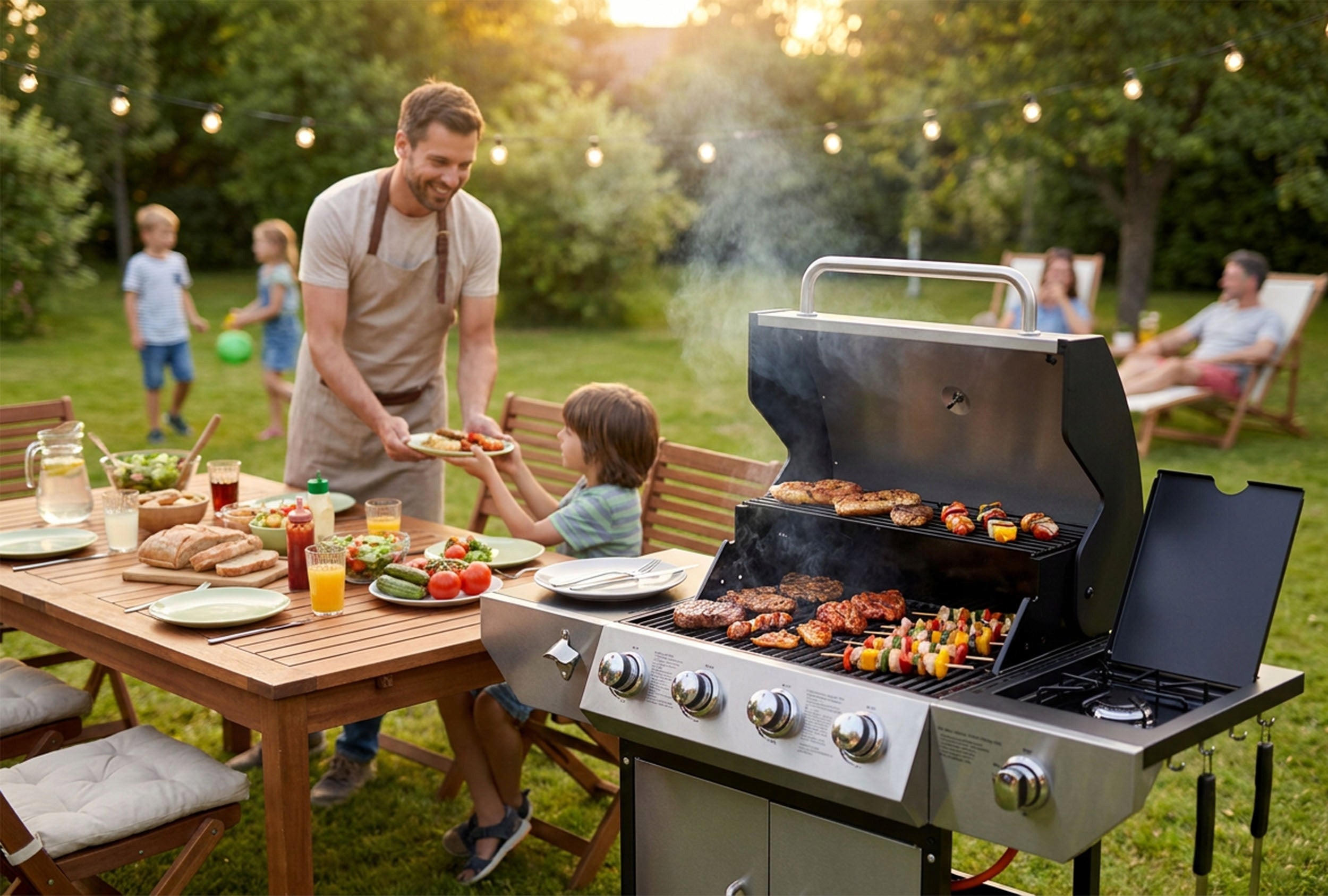 GAS GRILL GARDEN CAST IRON GRATE WITH COVER STRONG 4+1 BURNERS THERMOMETER Grill depth 58.5 cm