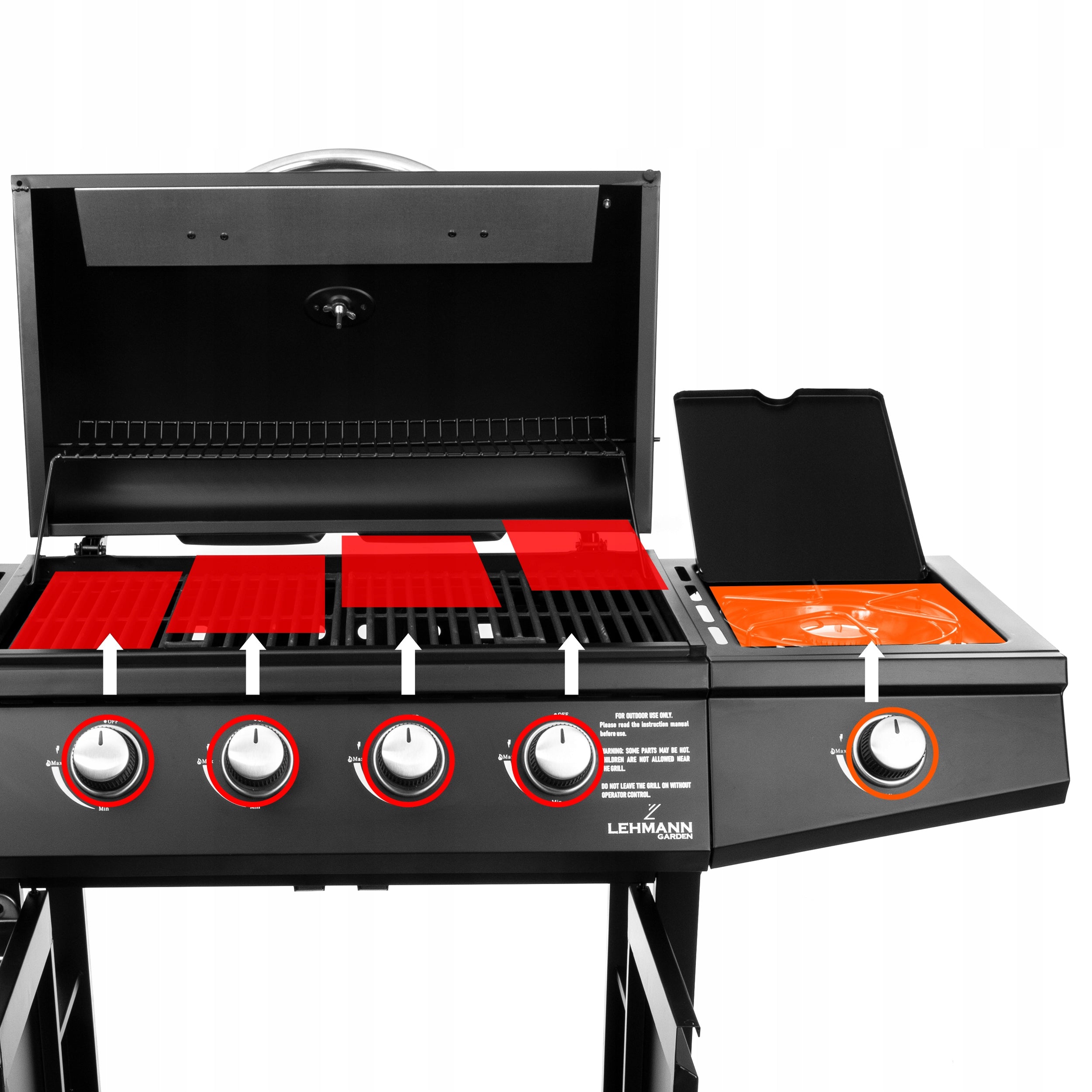 GAS GRILL GARDEN CAST IRON STAINLESS STEEL GRATE LEHMANN OHIO 4+1 COVER Power 9.3 kW