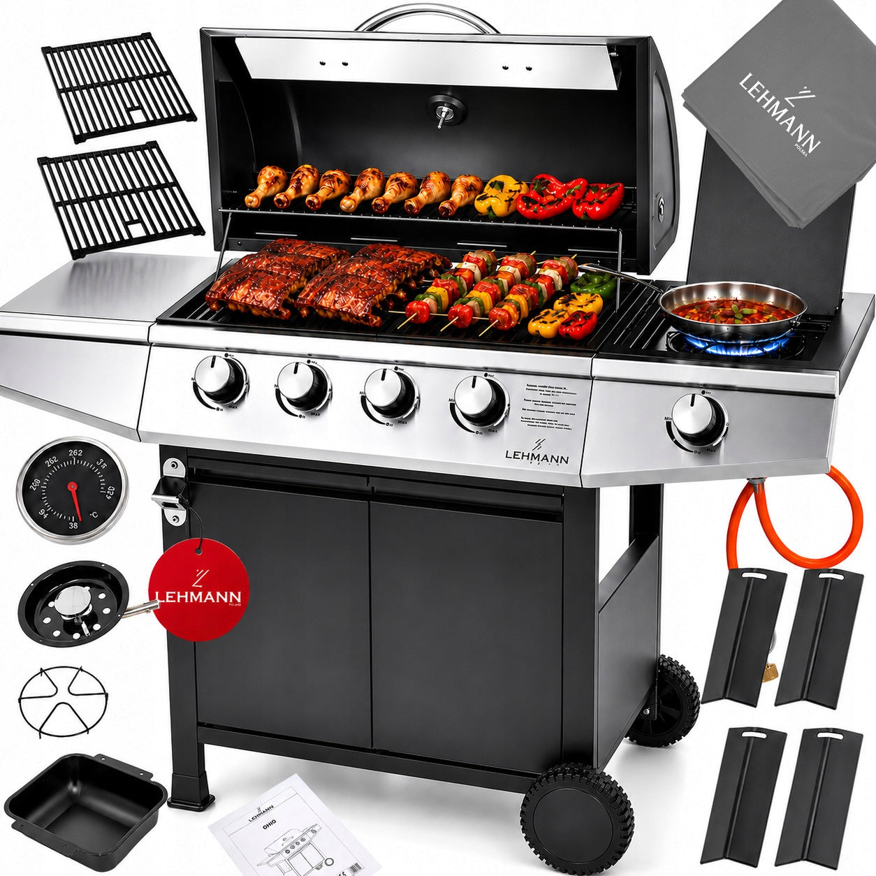 GAS GRILL GARDEN CAST IRON STAINLESS STEEL GRATE LEHMANN OHIO 4+1 COVER