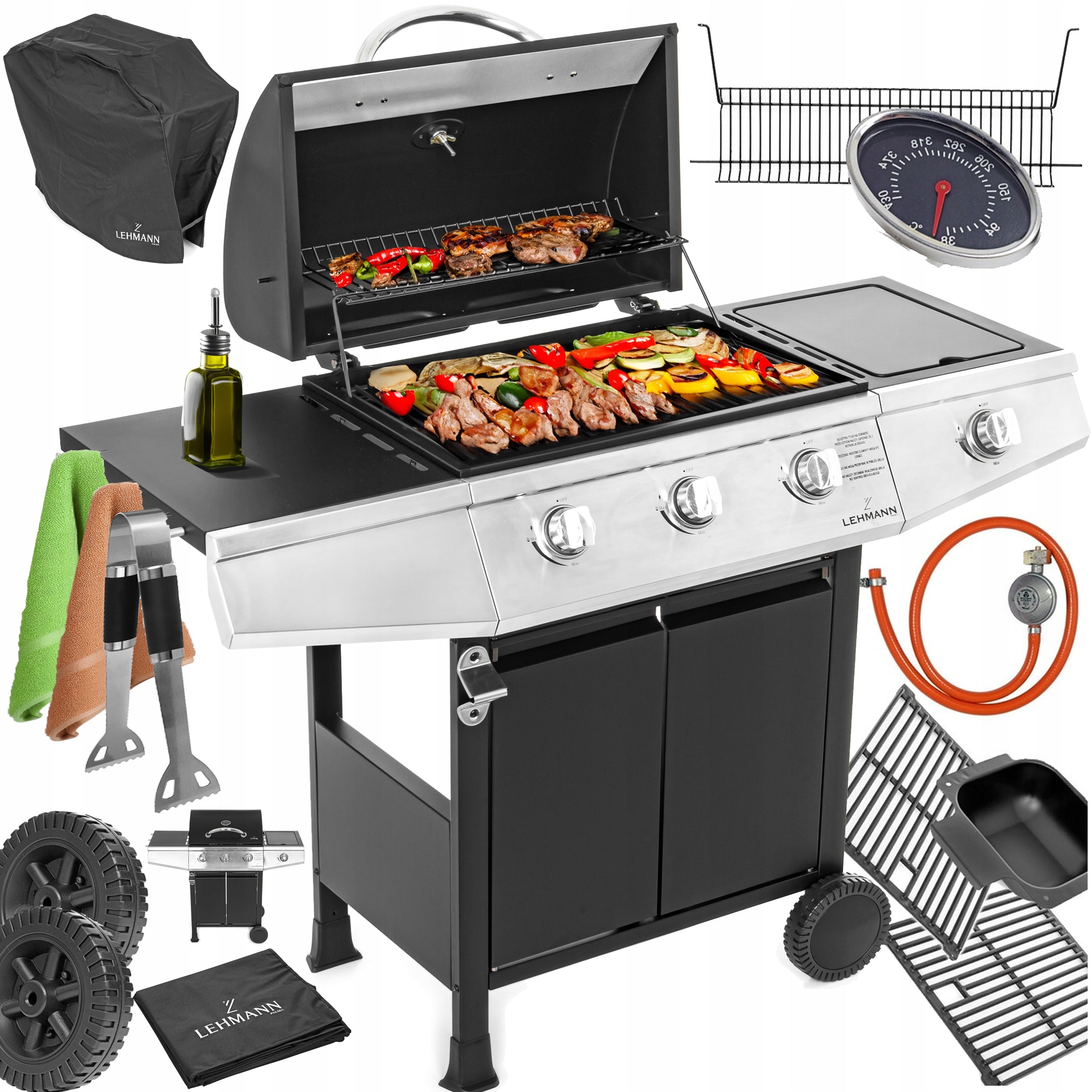 GAS GRILL GARDEN CAST IRON STAINLESS STEEL GRATE LEHMANN TEXAS 3+1 COVER