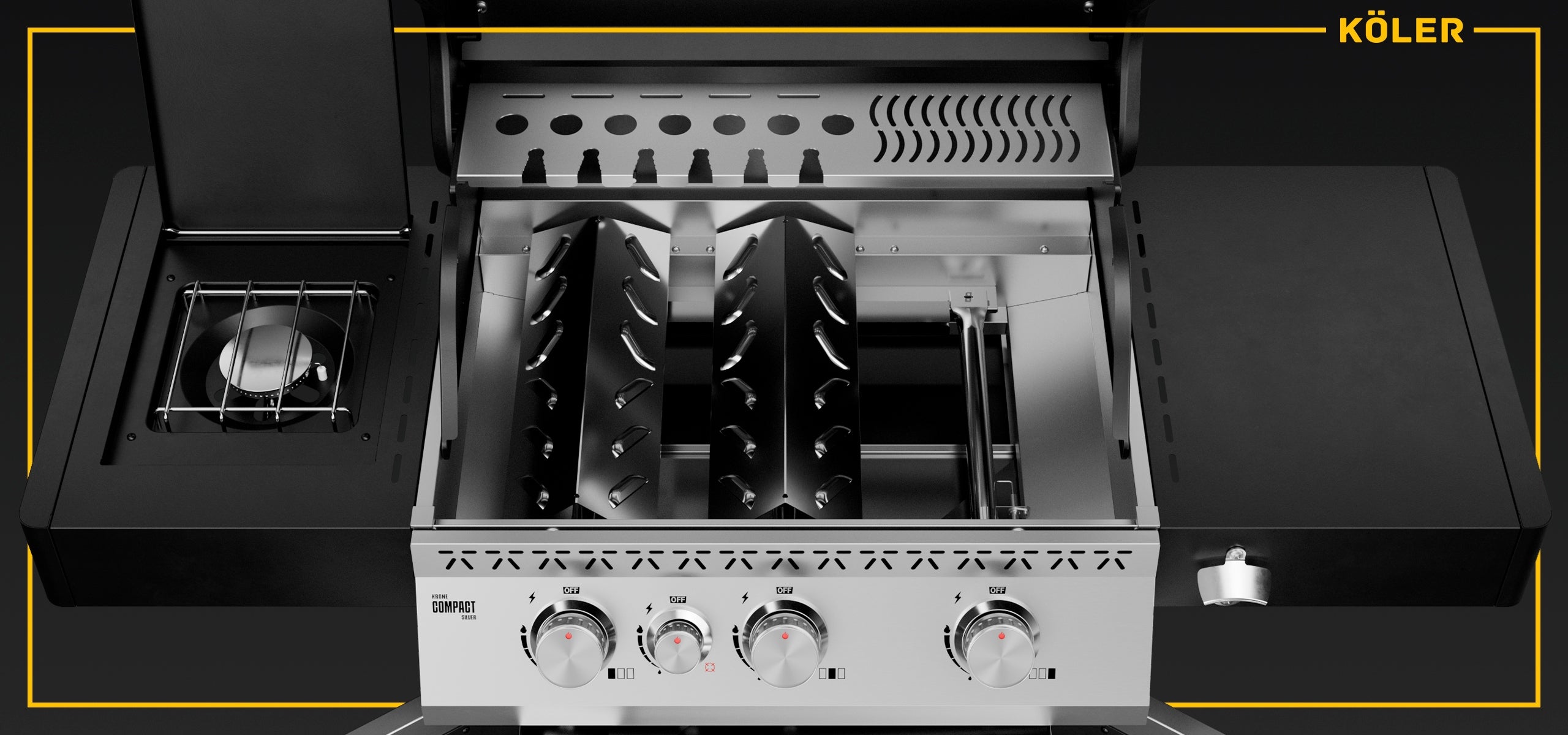 GAS GRILL KRONE Compact CAST IRON GRATE 15,5kW Tempered Glass COVER Brand KOLER