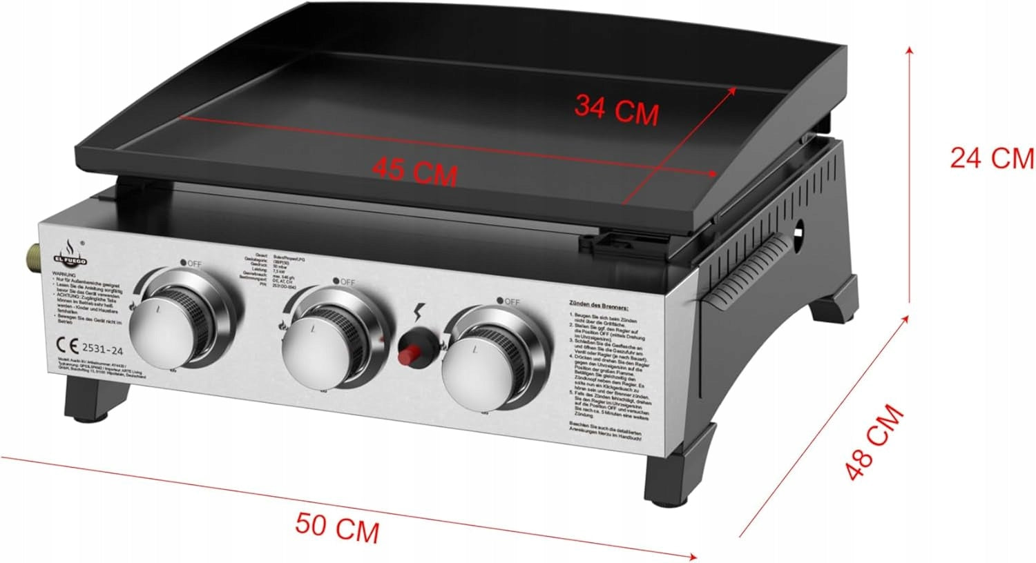 GAS GRILL TABLE EL FUEGO AUSTIN III 7,5kW 45x34cm CAST IRON PLATE STRONG!