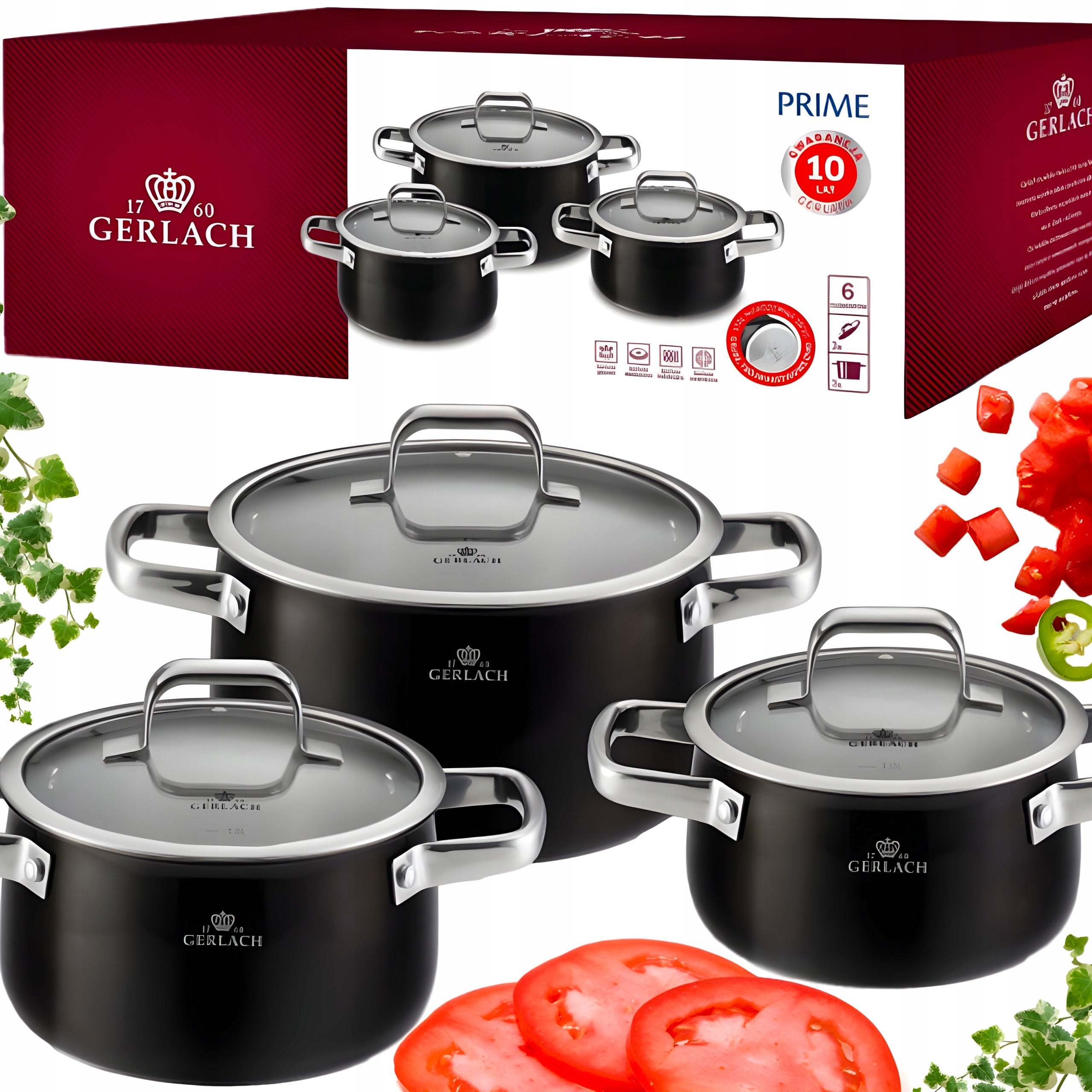 GERLACH SET OF EMAILED POTS WITH LIDS INDUCTION GAS 6EL BLACK