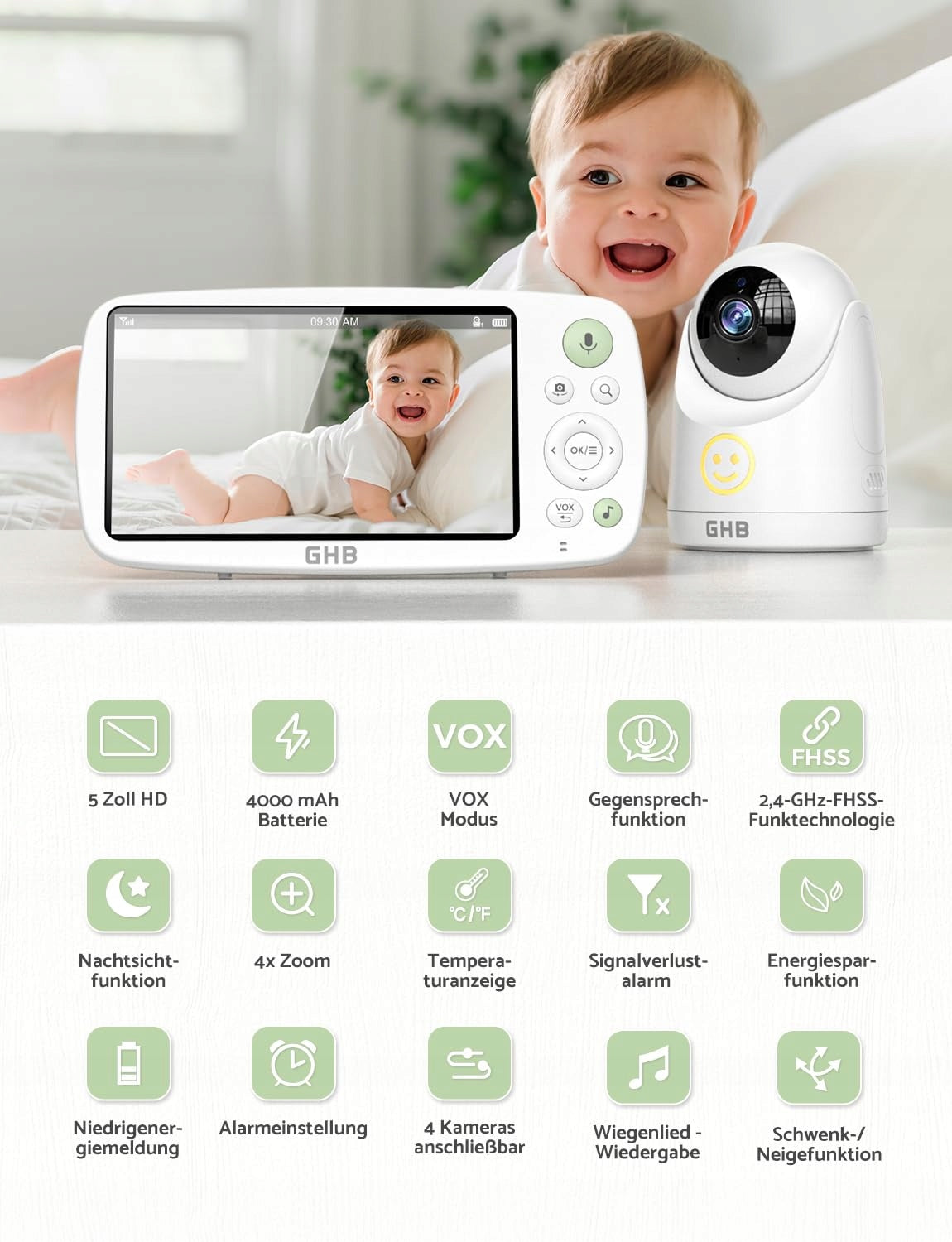 GHB Baby Monitor Camera 5" HD 1080P 4000mAh VOX 4xZoom 300m Packaging status original