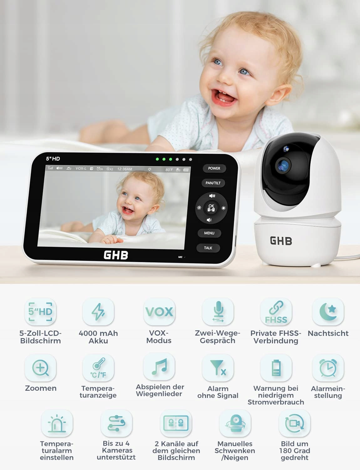 GHB Baby Monitor Electronic Camera 5 Cali 720P HD VOX Display Night Mode Brand GHB