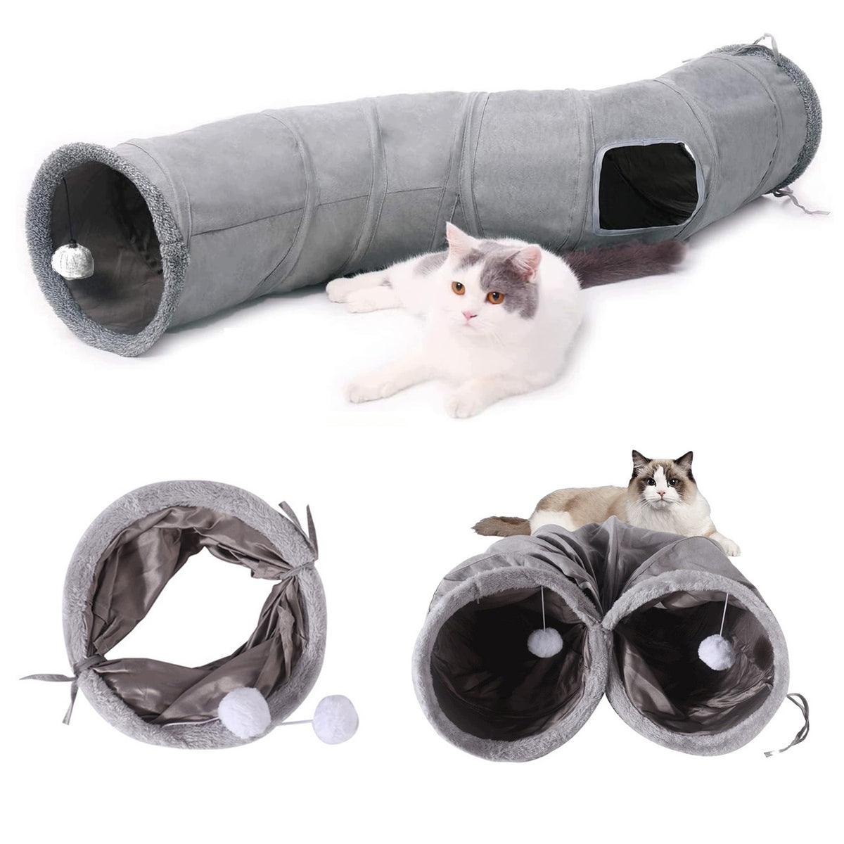 GIANT FOLDING CAT TUNNEL – GREY WITH BALL, LARGE TOY FOR CATS