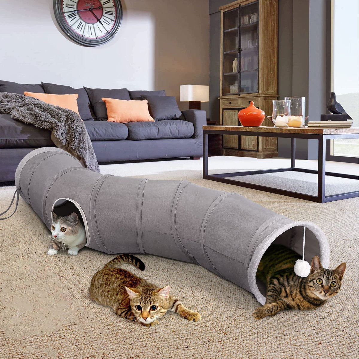 GIANT TUNNEL FOR CAT GREY – FOLDING WITH BALL, LARGE TOY FOR CATS Packaging status original