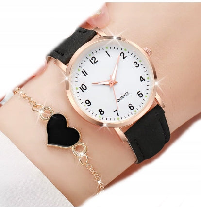 GIRLS WATCH WITH STRAP BLACK + BRACELET HEART 1626