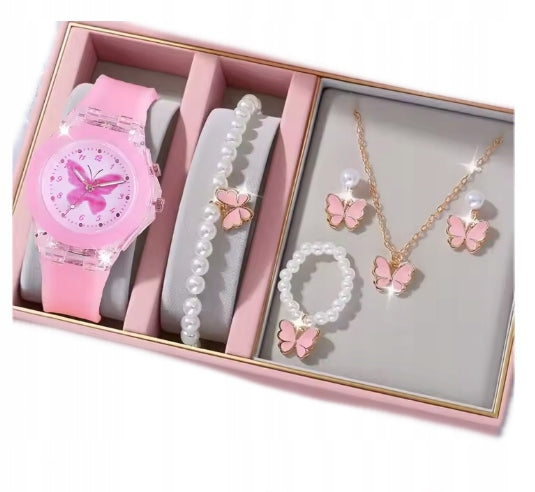 GIRLS' WATCH WITH STRAP GLOWING + PINK JEWELRY 1675