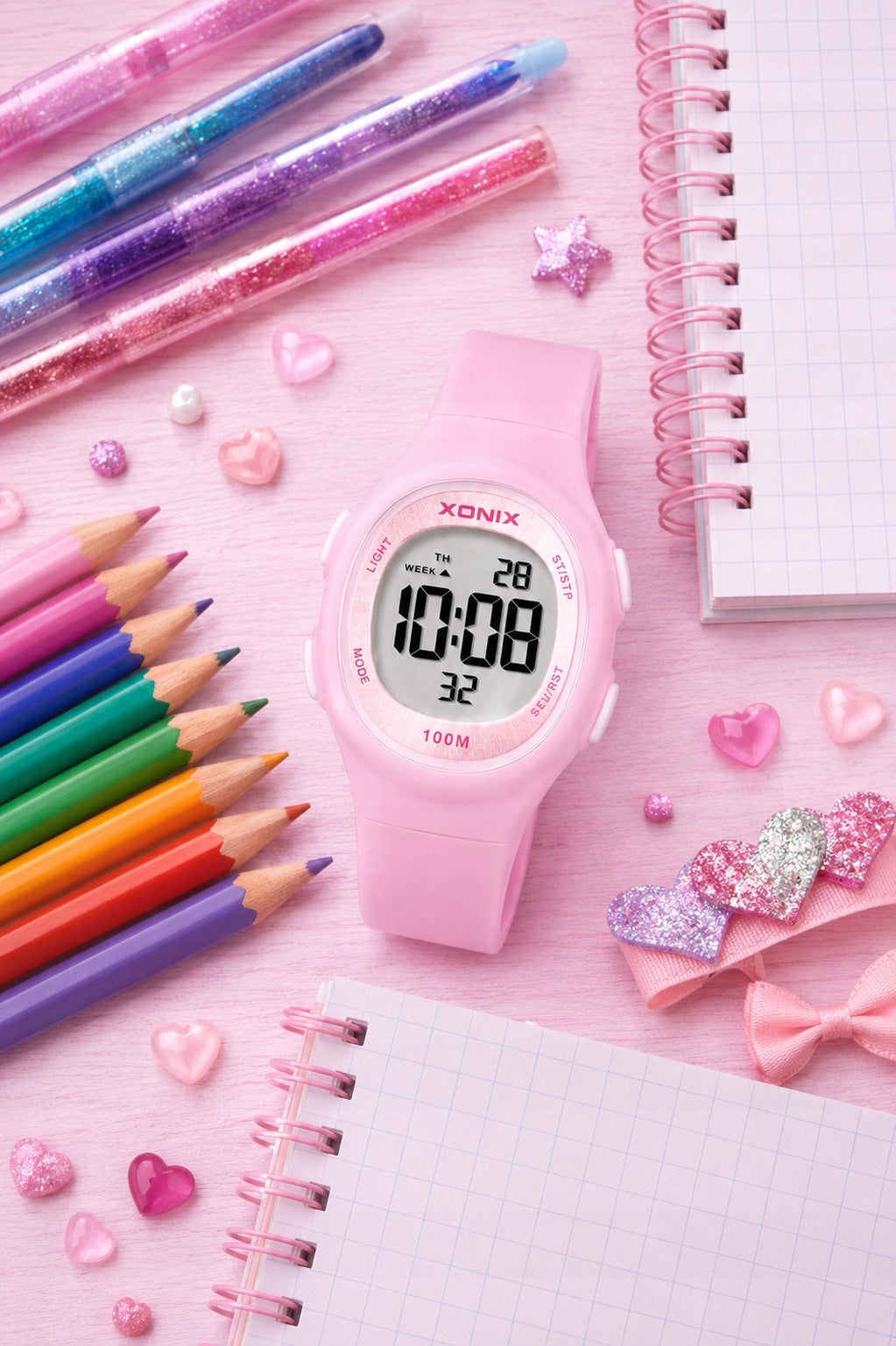 GIRLS' WATCH XONIX BBR PINK MULTIFUNCTIONAL Stopwatch Timer Large Numbers Brand Xonix