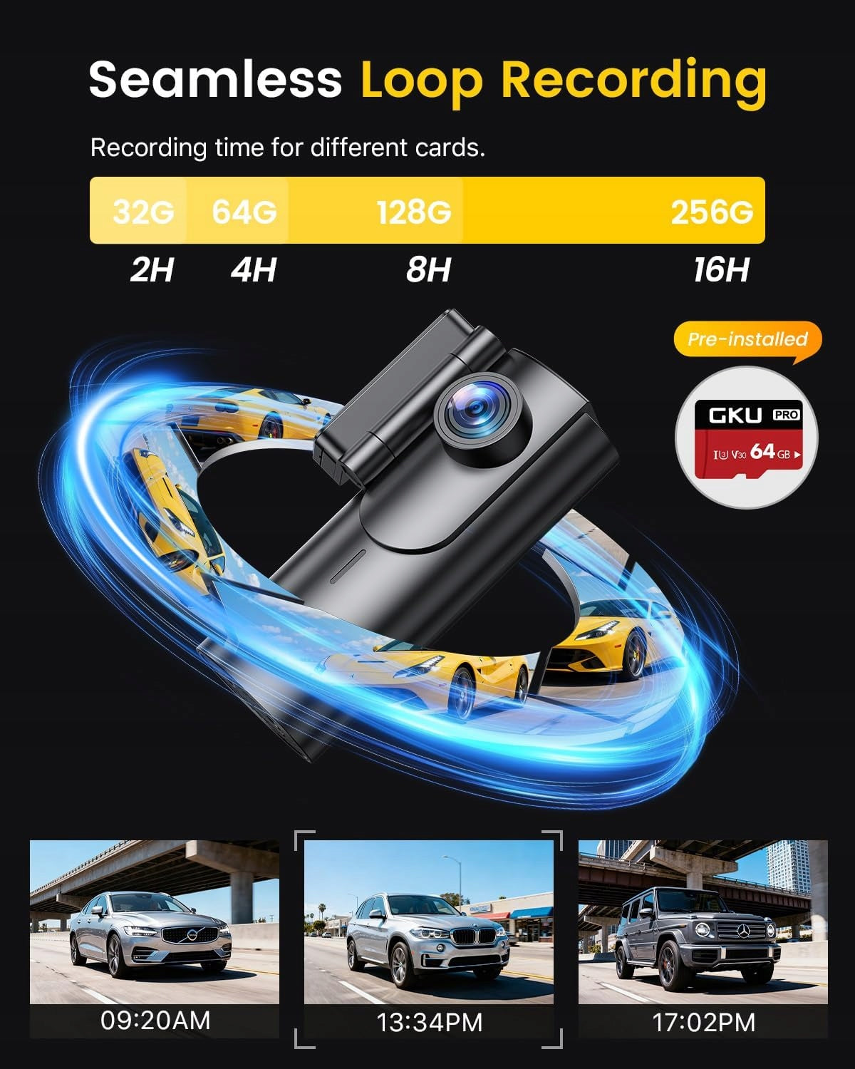 GKU Car Camera 4K 2.5K Front Rear WiFi 64GB SD Card Night Mode Brand no brand