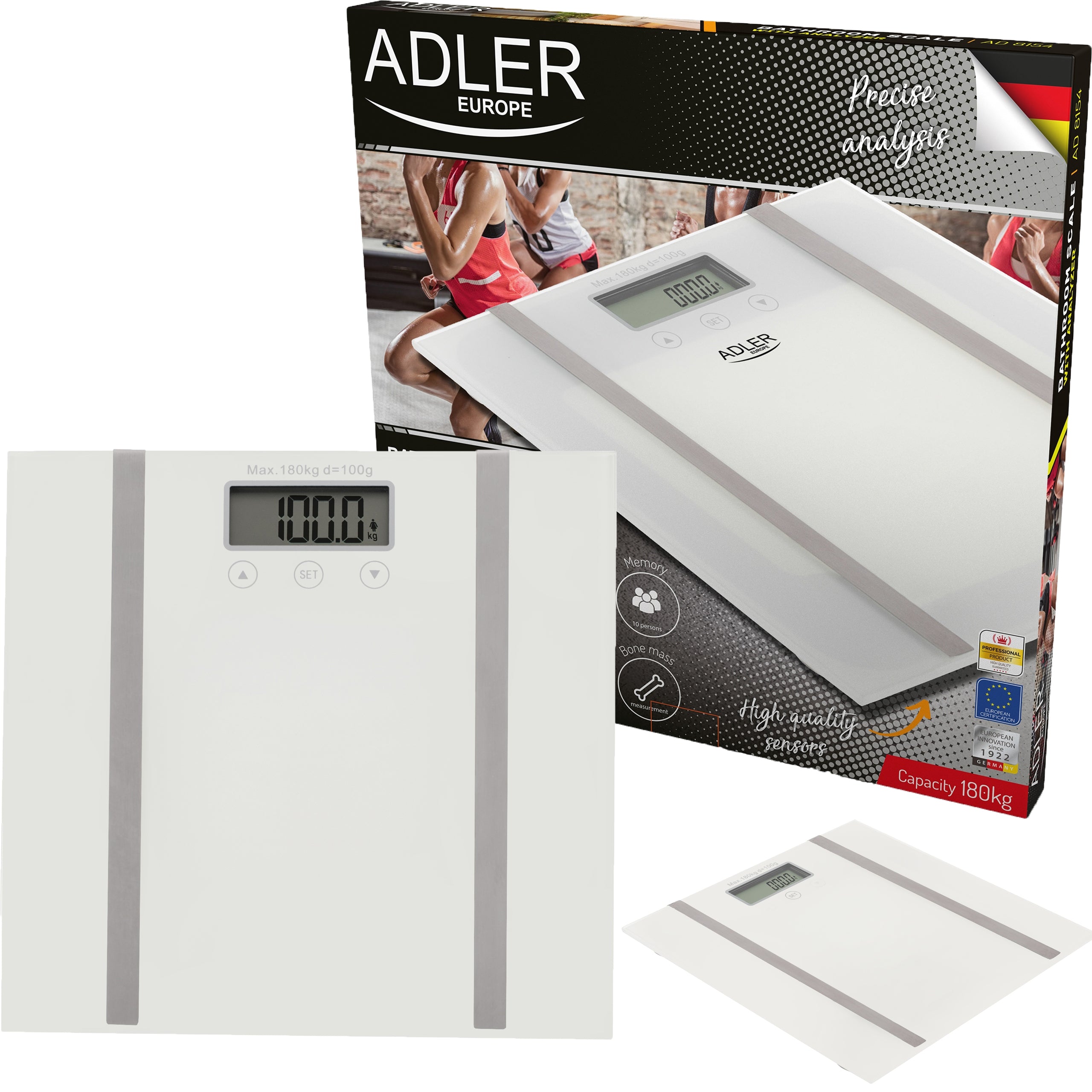 GLASS BATHROOM SCALE WITH ANALYZER 180KG BMI