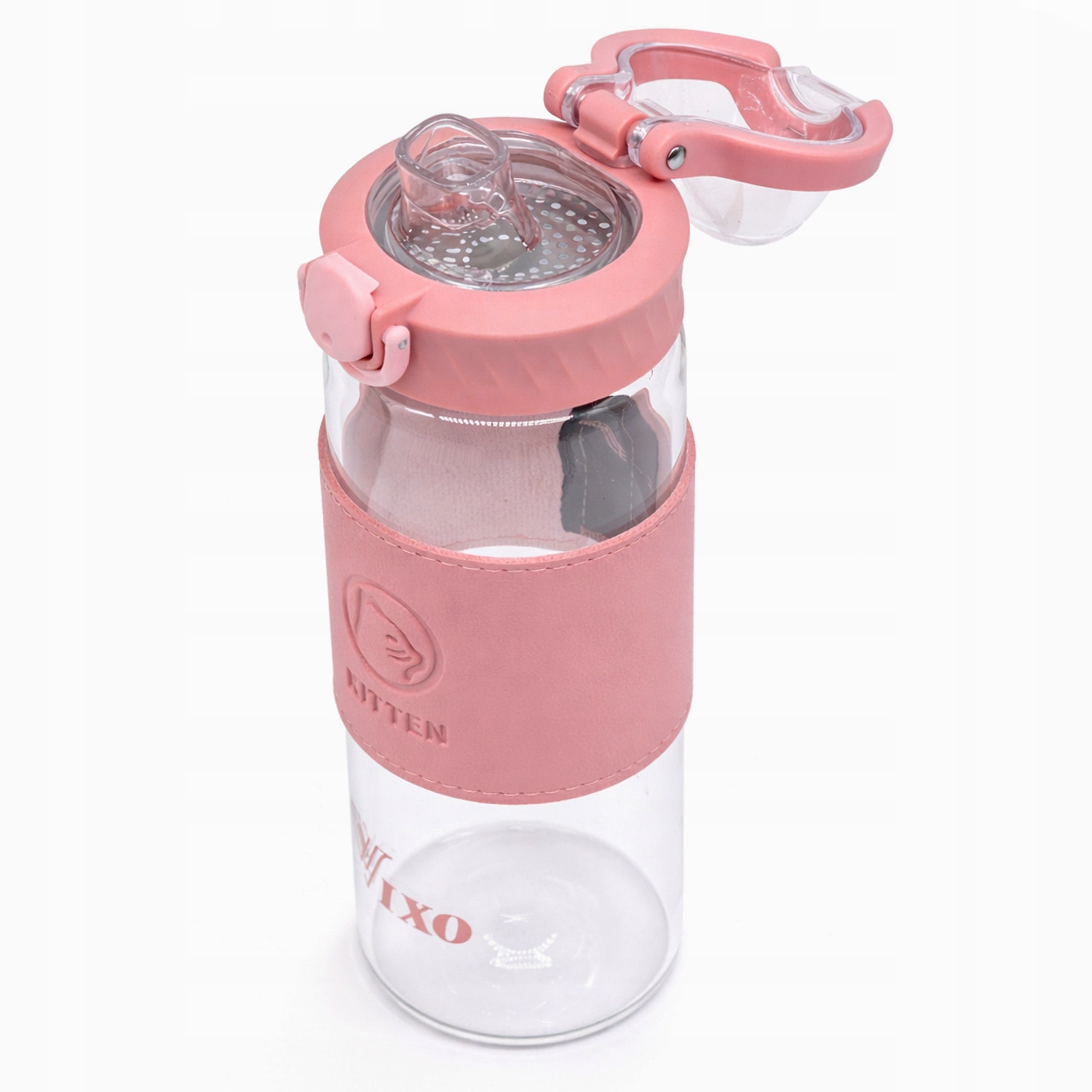 GLASS BOTTLE FOR WATER DRINKS VIXO GLASS BOTTLE AIRTIGHT STRAINER HOLDER Model Bidon szklany butelka na wodę ze szkła 580ml