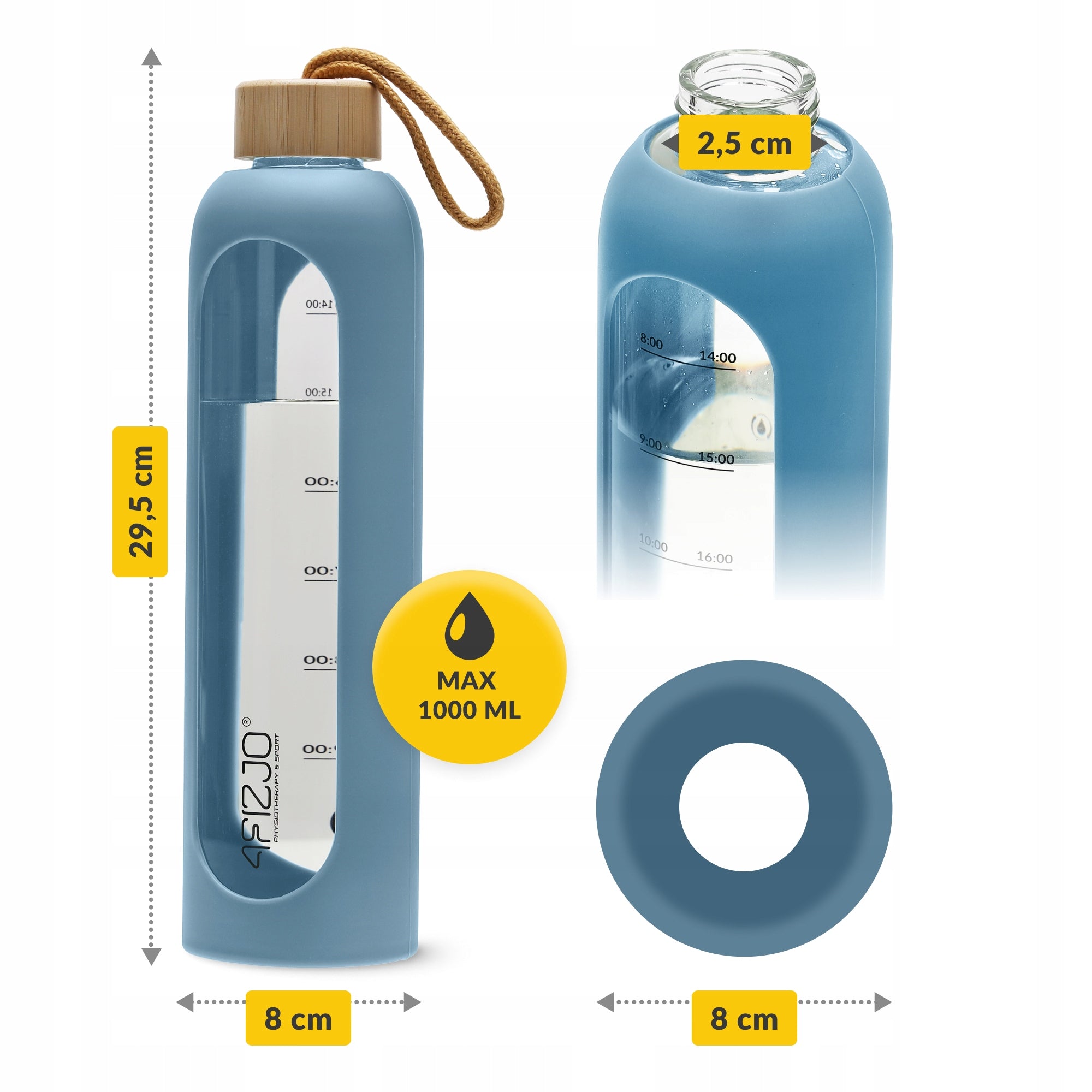 GLASS BOTTLE FOR WATER MOTIVATION SEALED MEASURING CUP SILICONE CASE 4FIZJO Packaging status original