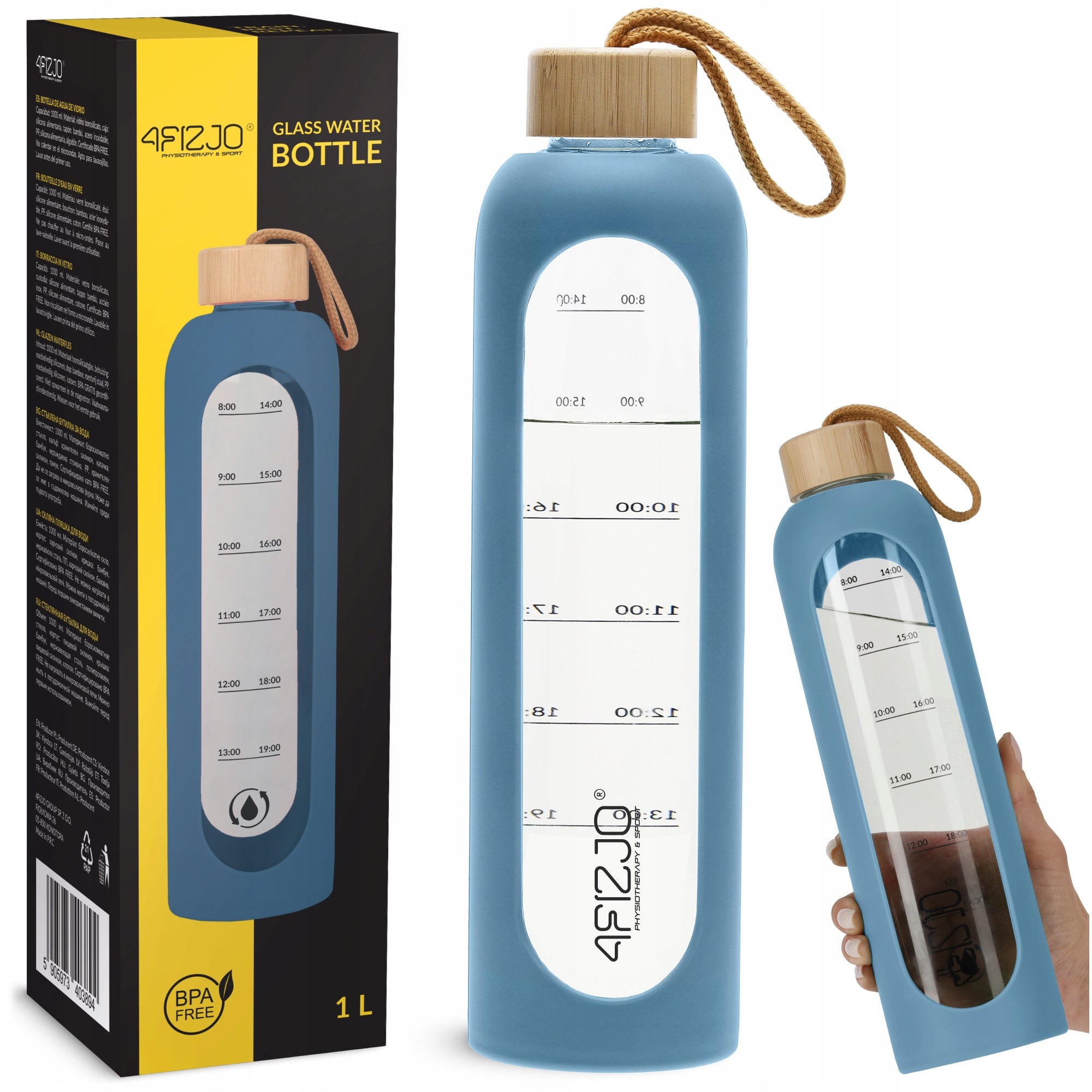 GLASS BOTTLE FOR WATER MOTIVATION SEALED MEASURING CUP SILICONE CASE 4FIZJO
