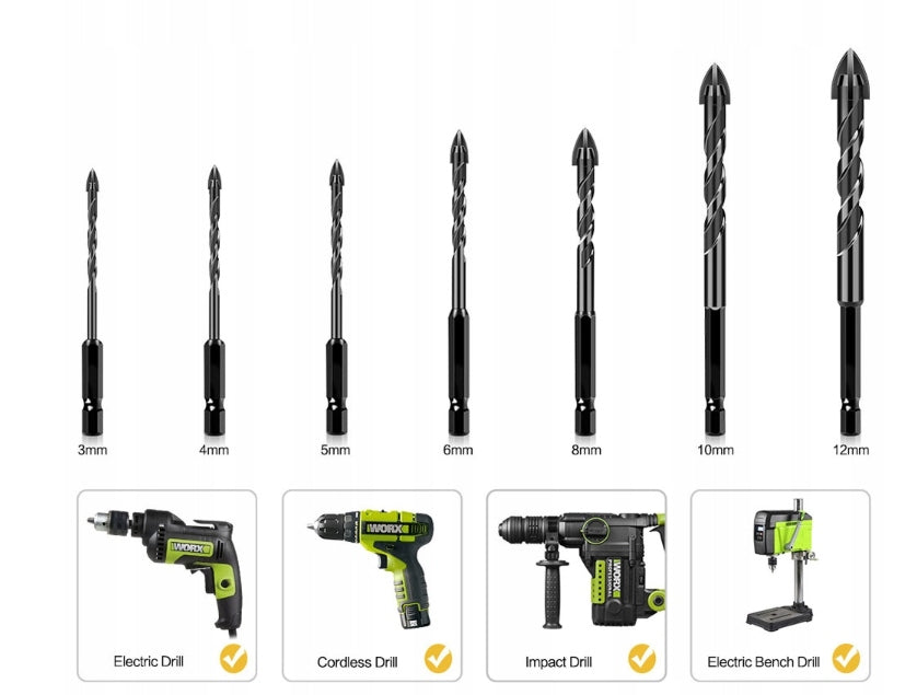 GLASS DRILL BITS CERAMIC TILES STONEWARE DRILL BIT 3-12MM 7 PCS HEX 1/4" PROFI Manufacturer code jiajiangping04