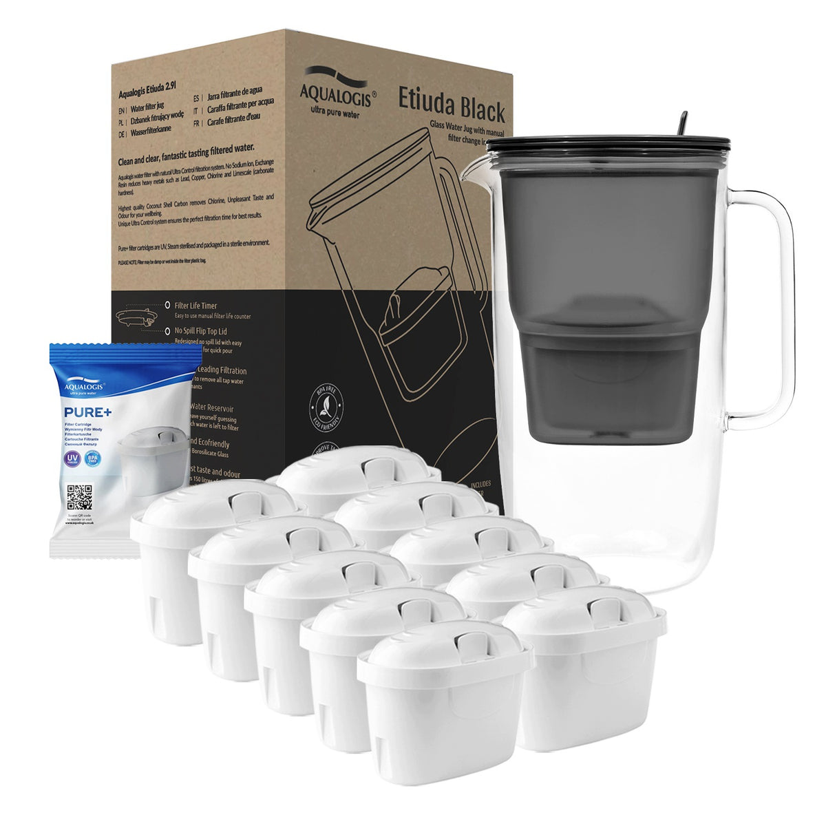 GLASS FILTER JUG ETIUDA BLACK + 10 x PURE+ REPLACEABLE CARTRIDGES Packaging status original