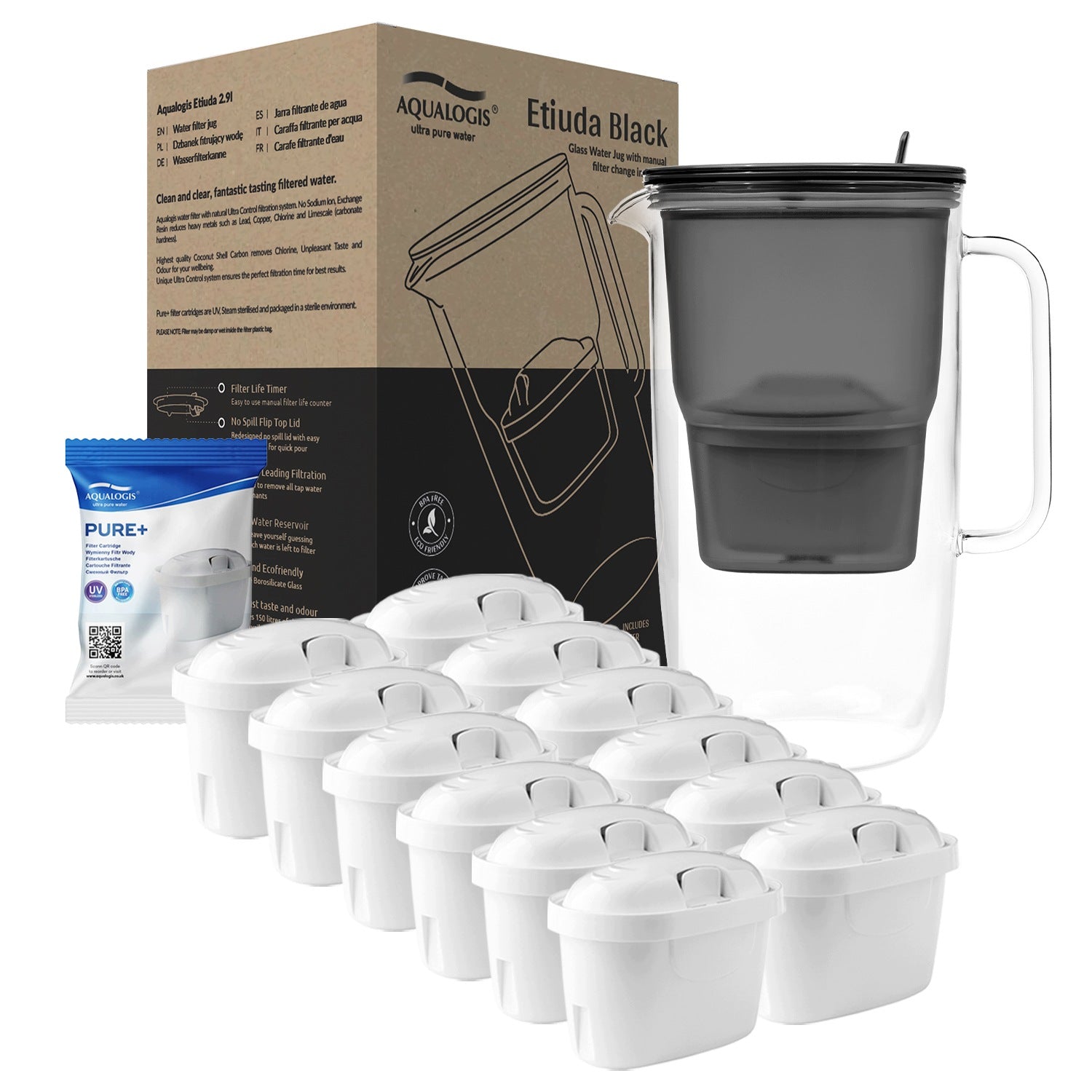 GLASS FILTER JUG ETIUDA BLACK + REPLACEMENT CARTRIDGES 12 x PURE+ FILTER Packaging status original