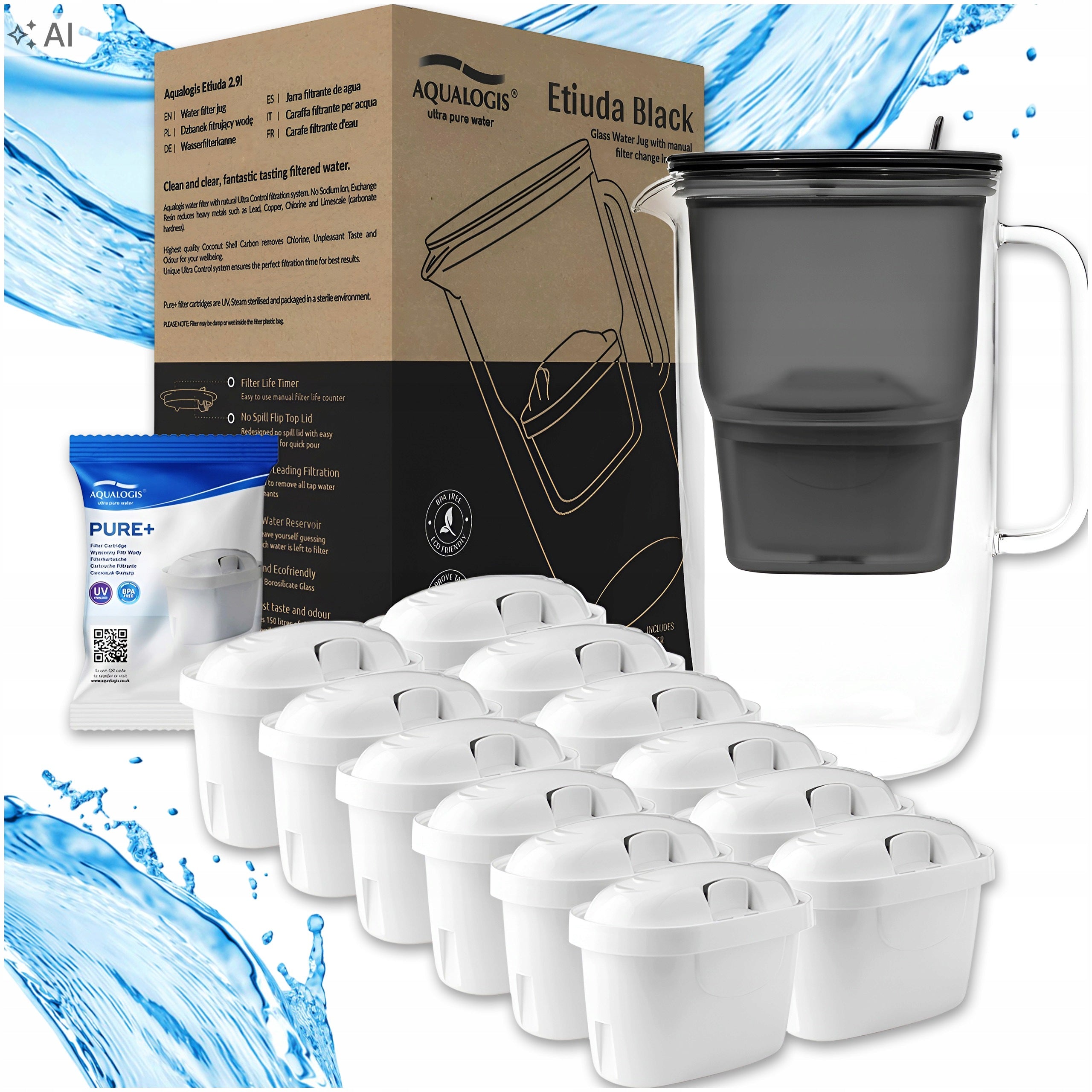 GLASS FILTER JUG ETIUDA BLACK + REPLACEMENT CARTRIDGES 12 x PURE+ FILTER