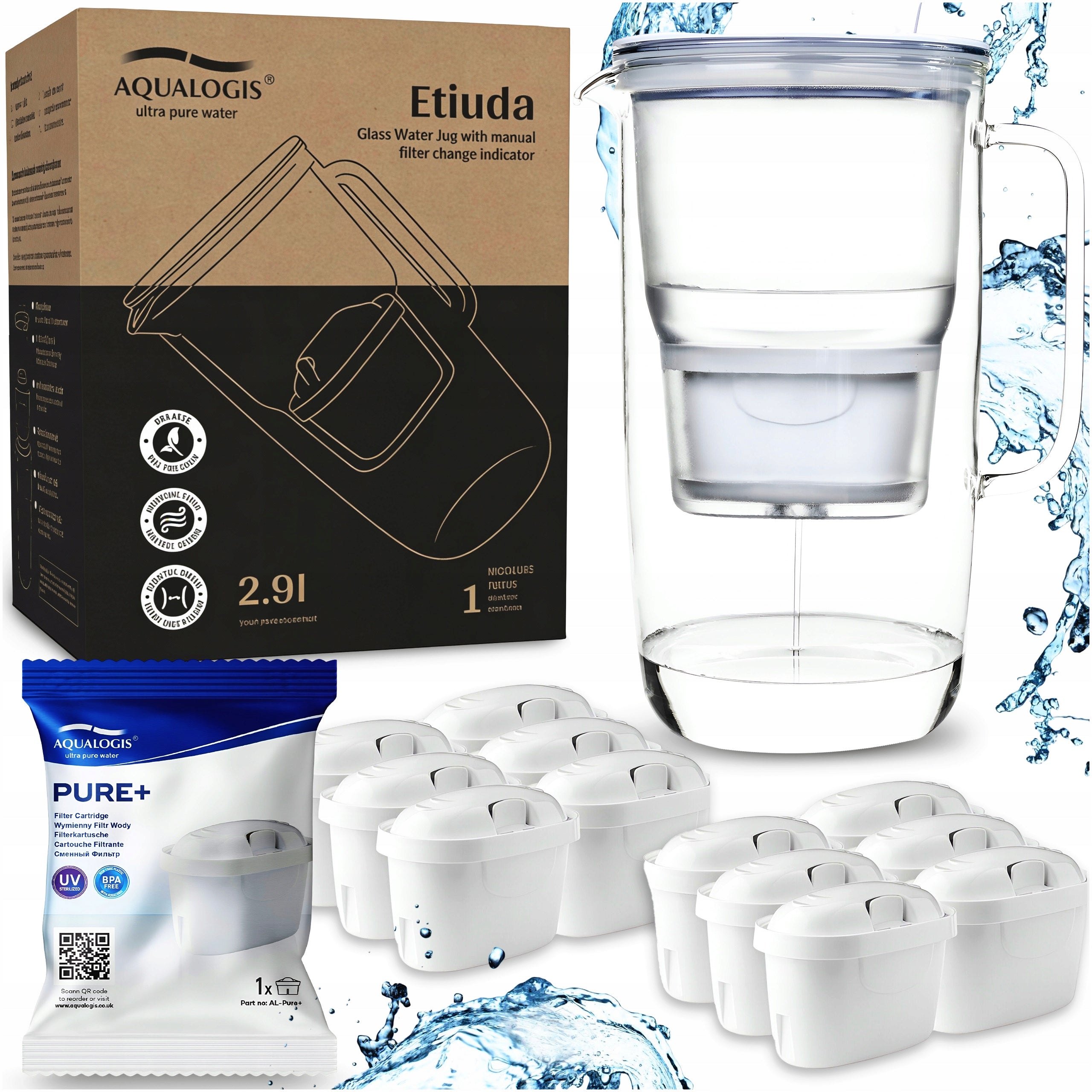 GLASS FILTER JUG ETIUDA WHITE + 12 x PURE+ REPLACEABLE CARTRIDGES